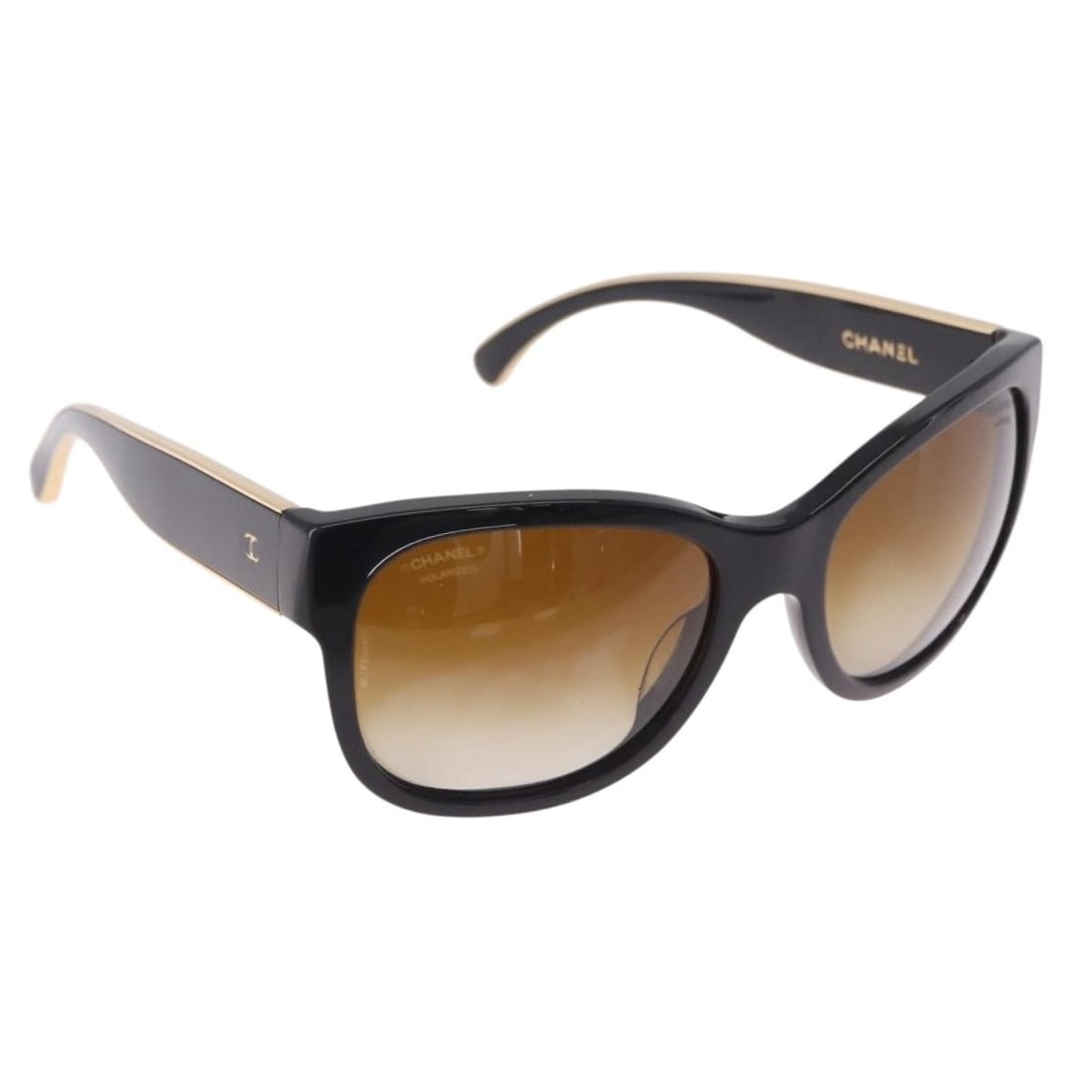 CHANEL 5270-A Plastic Sunglasses Black Gold Tone Italy: CHANEL 5270-A Plastic Sunglasses Black Gold Tone Italy CHANEL sunglasses in black with gold tone accents, made of plastic and crafted in Italy. Designed for women, this pair measures approximately 13.