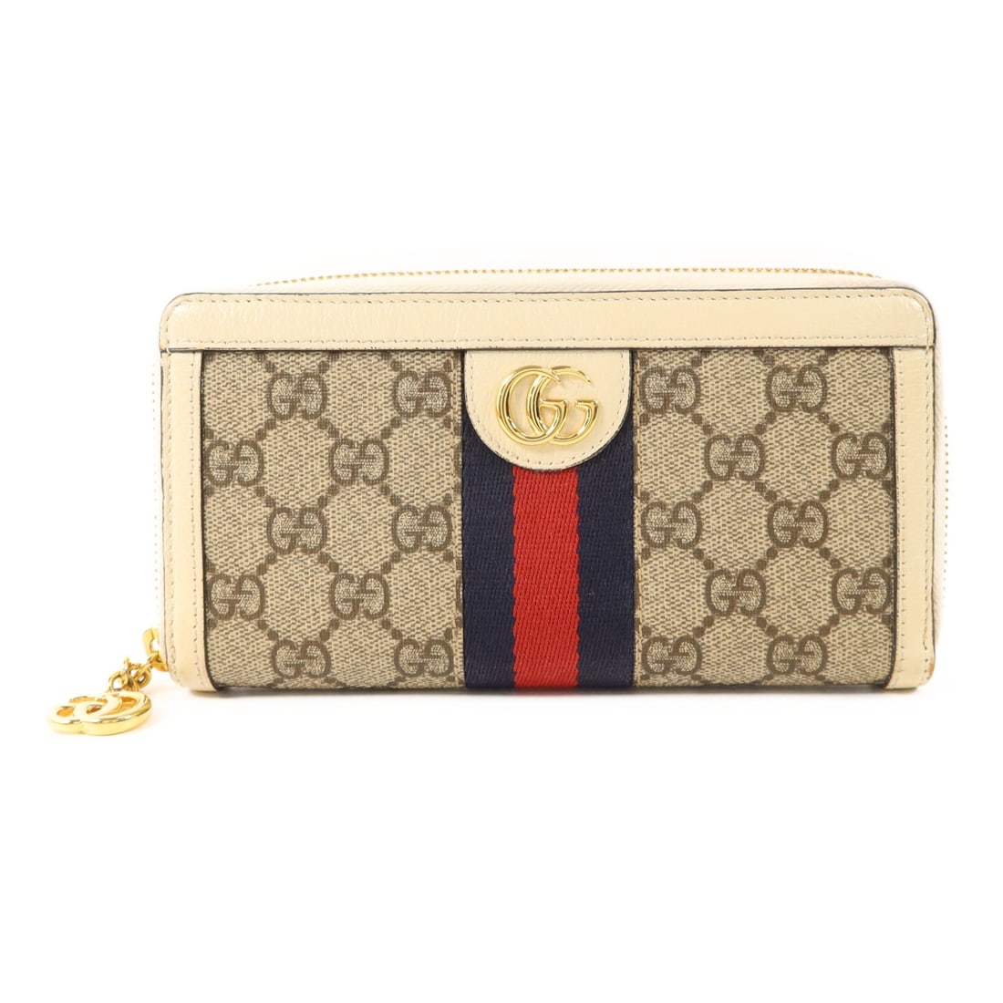 GUCCI 523154 GG Long Wallet Brown White Coated Canvas Calfskin: GUCCI 523154 GG Long Wallet Brown White Coated Canvas Calfskin A GUCCI GG zipper long wallet, model 523154, made from PVC coated canvas and calfskin (cowhide) in brown and white. It features a zippere