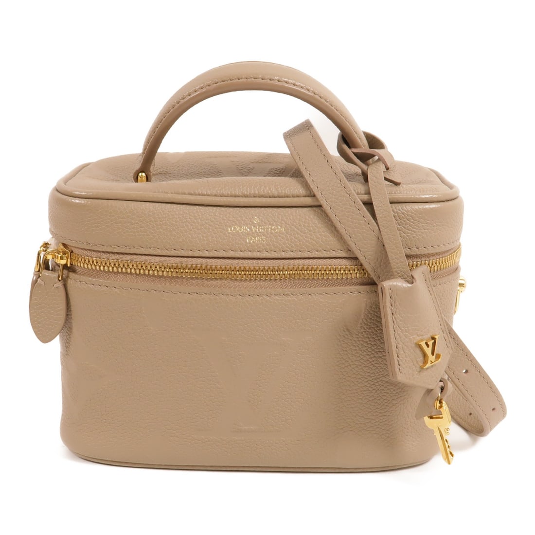 Louis Vuitton M45608 Vanity PM 2 Way Monogram Empreinte Bag Beige: Louis Vuitton M45608 Vanity PM 2 Way Monogram Empreinte Bag Beige A Louis Vuitton Vanity PM 2 Way Bag in Monogram Empreinte beige calfskin, identified by model number M45608. It features gold-tone har