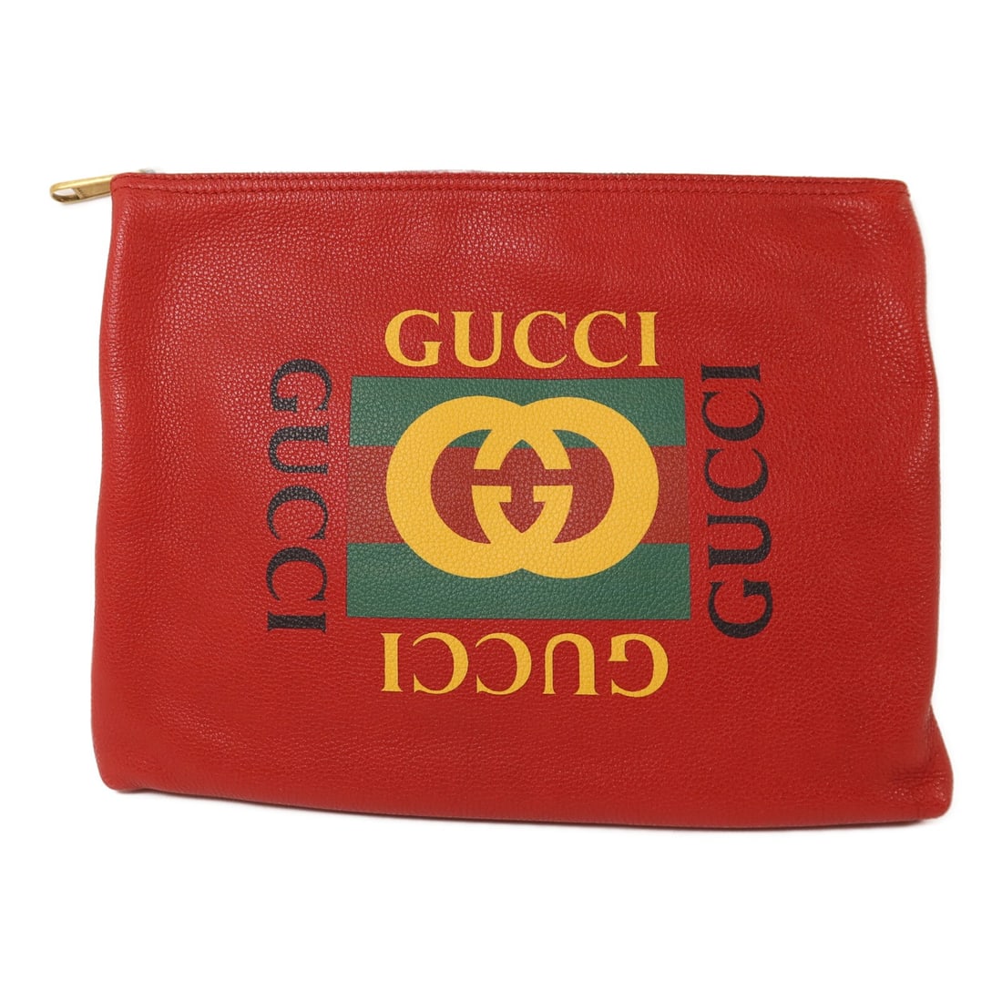 GUCCI 500981 red calfskin pouch with GG hardware: GUCCI 500981 red calfskin pouch with GG hardware A GUCCI GG pouch in red calfskin leather, identified by model number 500981. It is a men's regular-size pouch made in Italy and comes with a storage ba