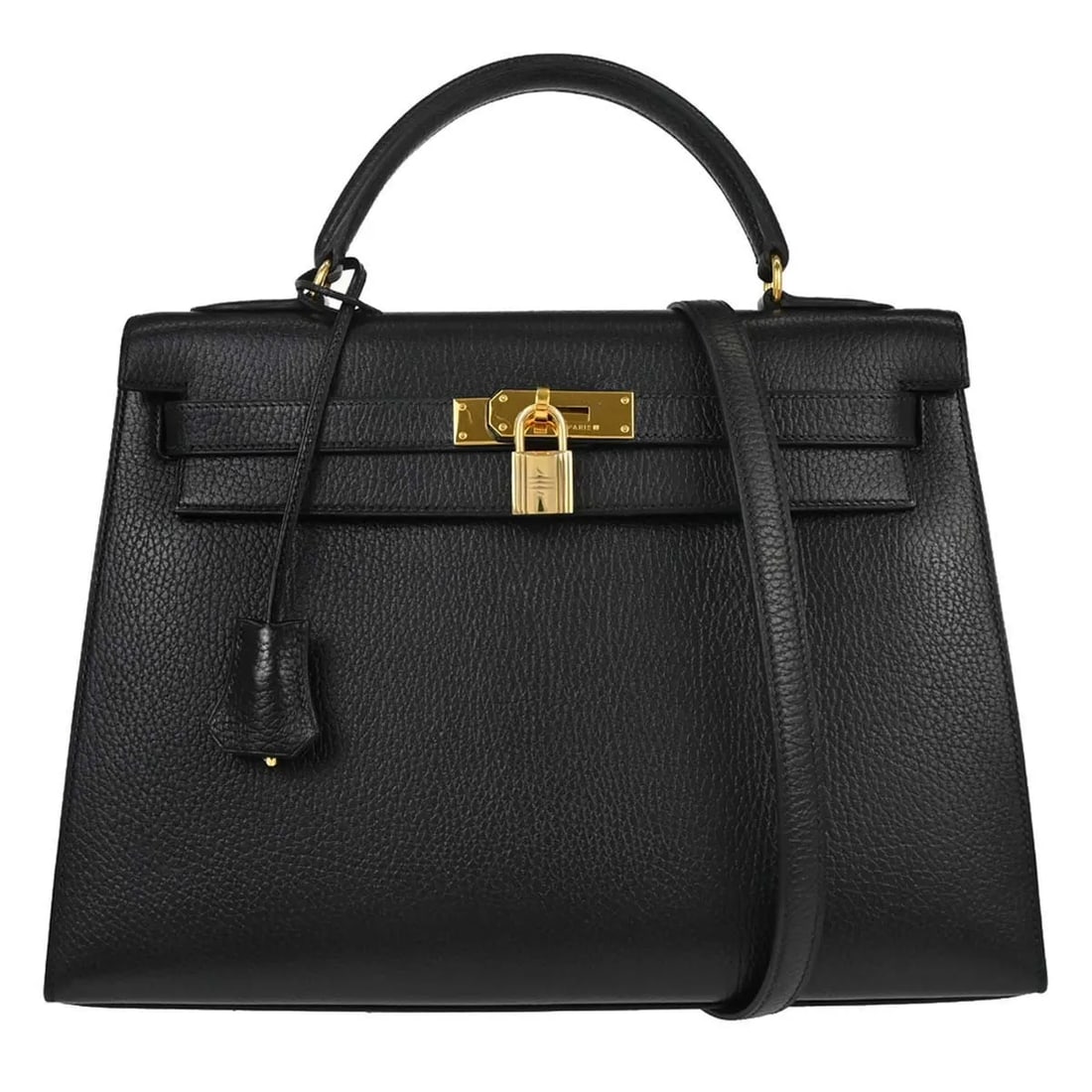 Hermes Kelly Black Ardennes Leather Gold Hardware: Hermes Kelly Black Ardennes Leather Gold Hardware This Hermes Kelly handbag features a classic black Ardennes leather exterior complemented by gold hardware. Designed for women, the bag offers a sophi