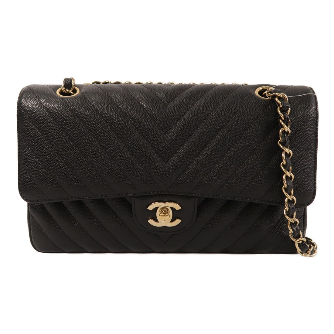 CHANEL Classic 25 Shoulder Bag Black Calfskin with GHW CC: CHANEL Classic 25 Shoulder Bag Black Calfskin with GHW CC CHANEL Classic 25 shoulder bag in black calfskin (cowhide) with gold-tone hardware. It features a chain shoulder strap, turn-lock closure, one
