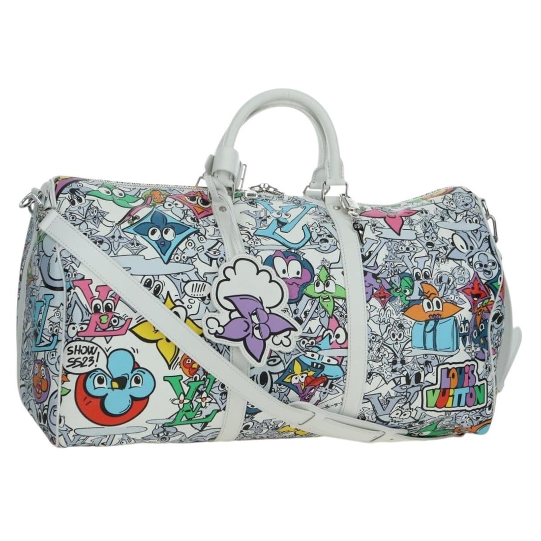 Louis Vuitton M21863 Keepall 50 Bandouliere Monogram Comics Boston Bag: Louis Vuitton M21863 Keepall 50 Bandouliere Monogram Comics Boston Bag Louis Vuitton Monogram Comics Keepall Bandouliere 50 in white Monogram Canvas, presented in a Boston bag style. Made in Italy, th
