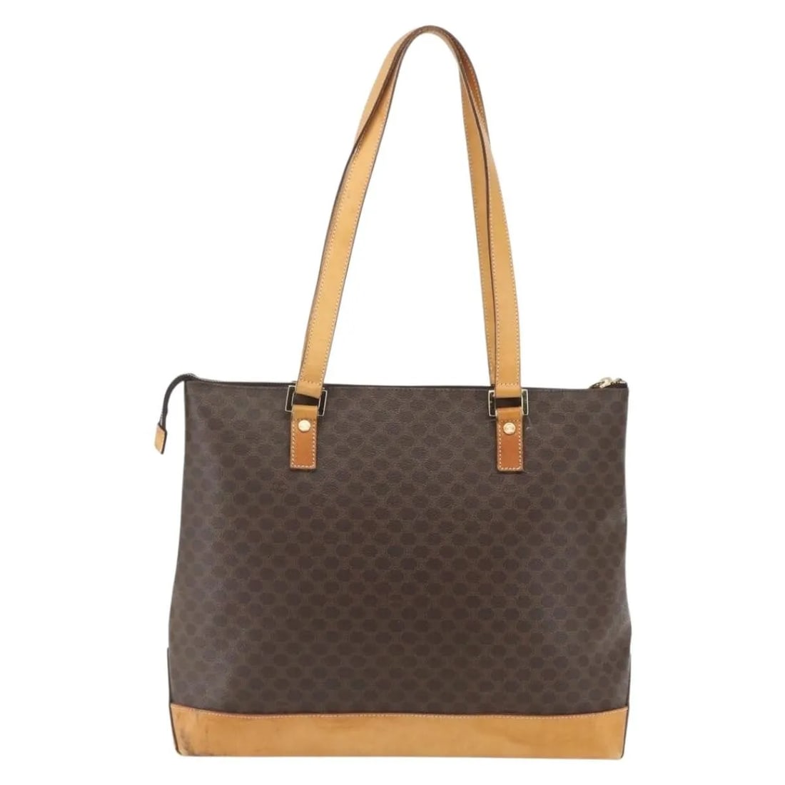 Vintage Macadam Canvas and Leather Tote by Celine Brown 35x30x11cm: Vintage Macadam Canvas and Leather Tote by Celine Brown 35x30x11cm This Celine Vintage Macadam Tote bag for women features a brown canvas body with leather accents. It exhibits signs of wear including