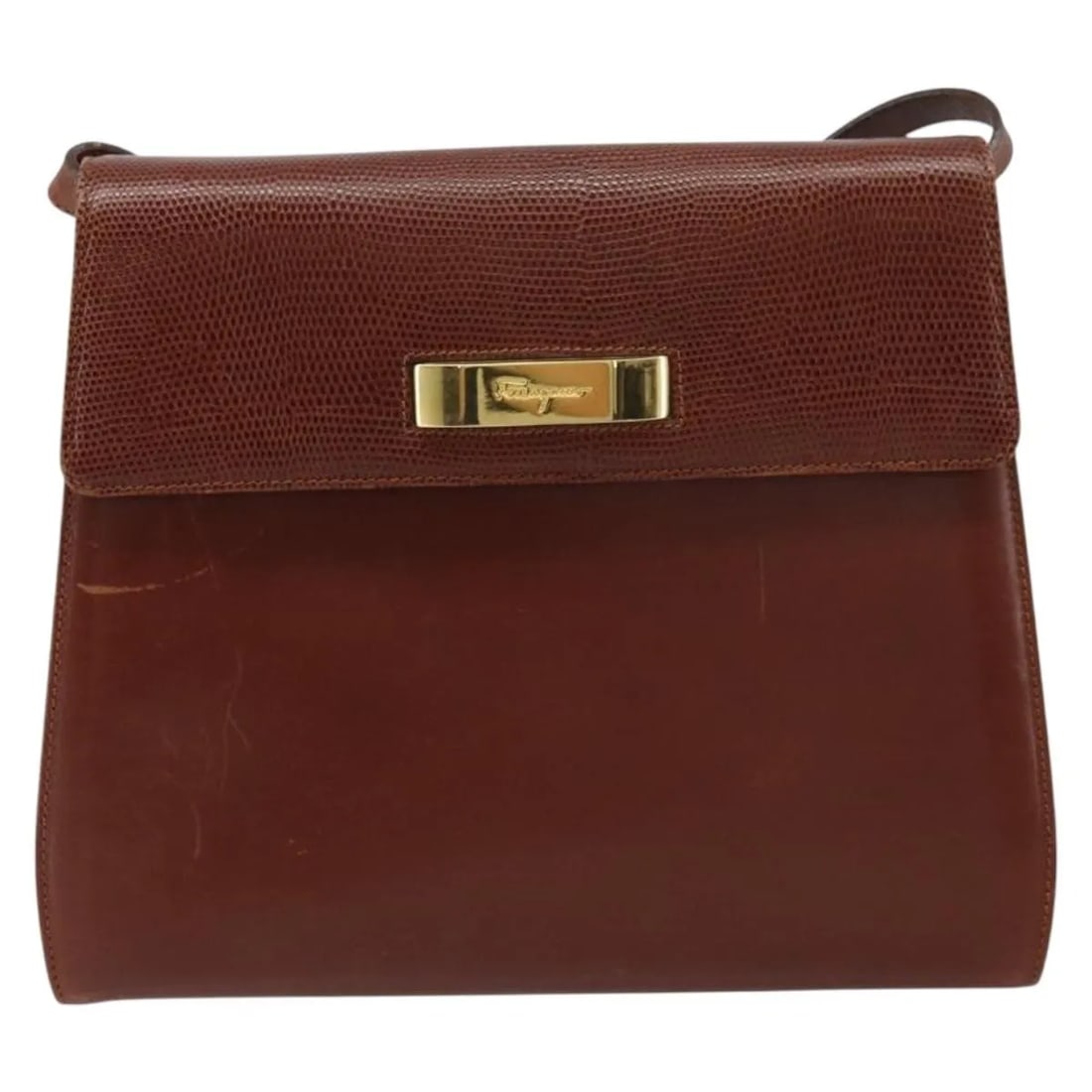Brown Leather Shoulder Bag Salvatore Ferragamo Gancini: Brown Leather Shoulder Bag Salvatore Ferragamo Gancini This Salvatore Ferragamo Gancini shoulder bag is crafted from brown leather and designed for women. The bag features noticeable surface rubbing, 