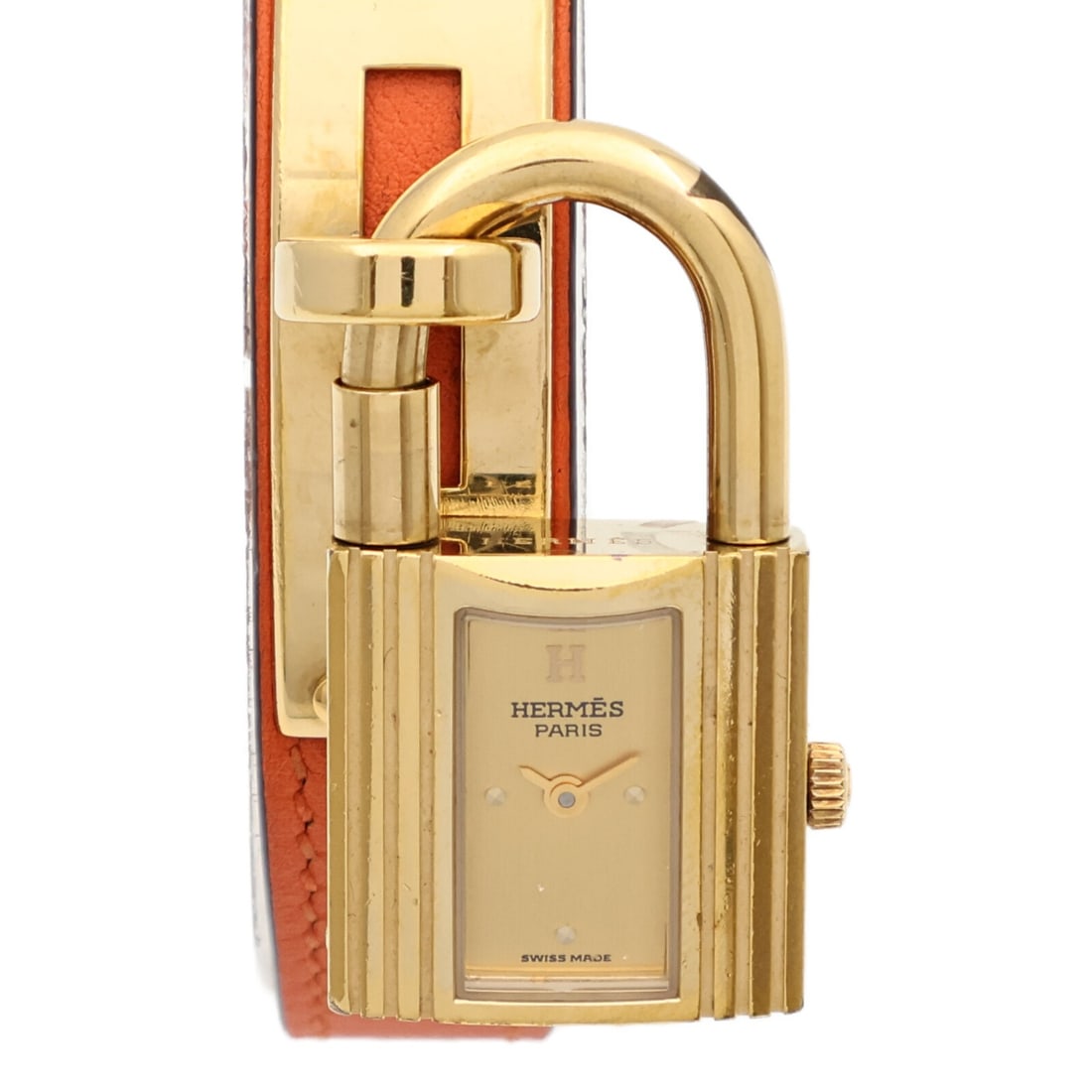 Hermes Kelly Women's Quartz Wristwatch Gold Plated Orange Leather: Hermes Kelly Women's Quartz Wristwatch Gold Plated Orange Leather Hermes Kelly wristwatch for ladies with a gold plated case and a leather belt. It features a quartz movement, gold dial, and gold fram