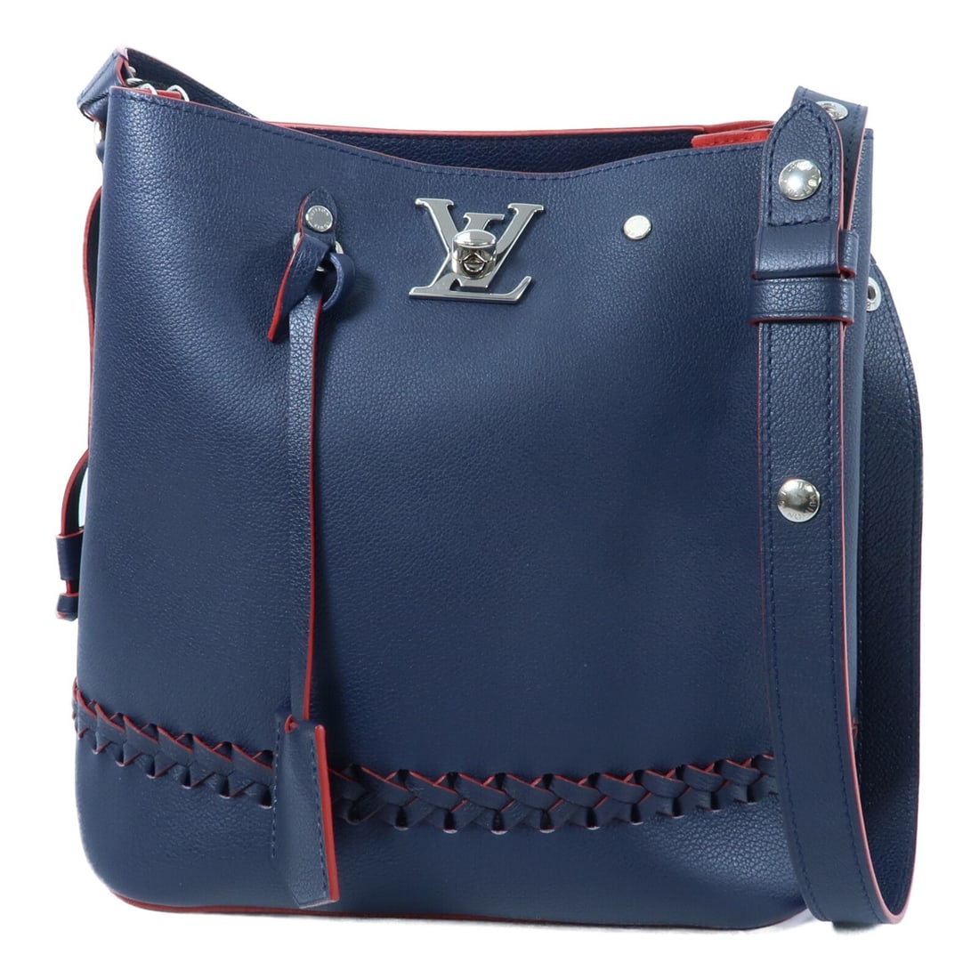 Louis Vuitton Lockme Bucket Shoulder Bag M54681 Navy Calfskin: Louis Vuitton Lockme Bucket Shoulder Bag M54681 Navy Calfskin Louis Vuitton Lockme Bucket shoulder bag in navy calfskin (cowhide) with a navy frame color and red accents. It features a turn lock closu