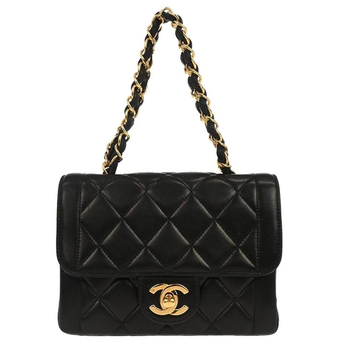 CHANEL CC Mini Square Flap Top Handle Bag Black Lambskin: CHANEL CC Mini Square Flap Top Handle Bag Black Lambskin Chanel mini square flap handbag in black lambskin with leather lining and logo accents. This women's small top handle bag is made in France and