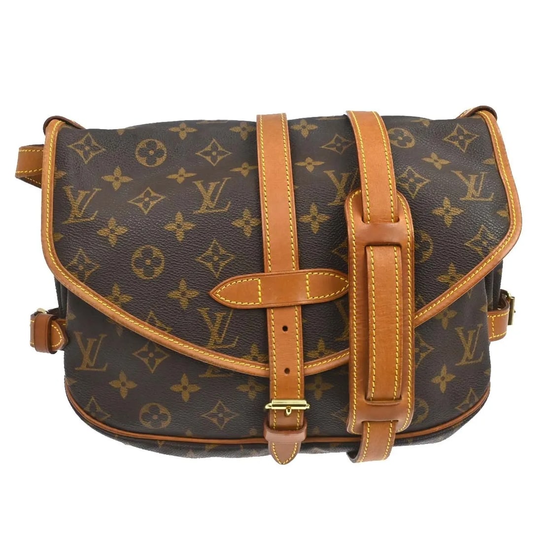 Louis Vuitton Saumur Unisex Brown Canvas Shoulder Bag: Louis Vuitton Saumur Unisex Brown Canvas Shoulder Bag Louis Vuitton Saumur in brown monogram canvas. This unisex bag is made in France and remains in good condition with visible wear from use. Noted c