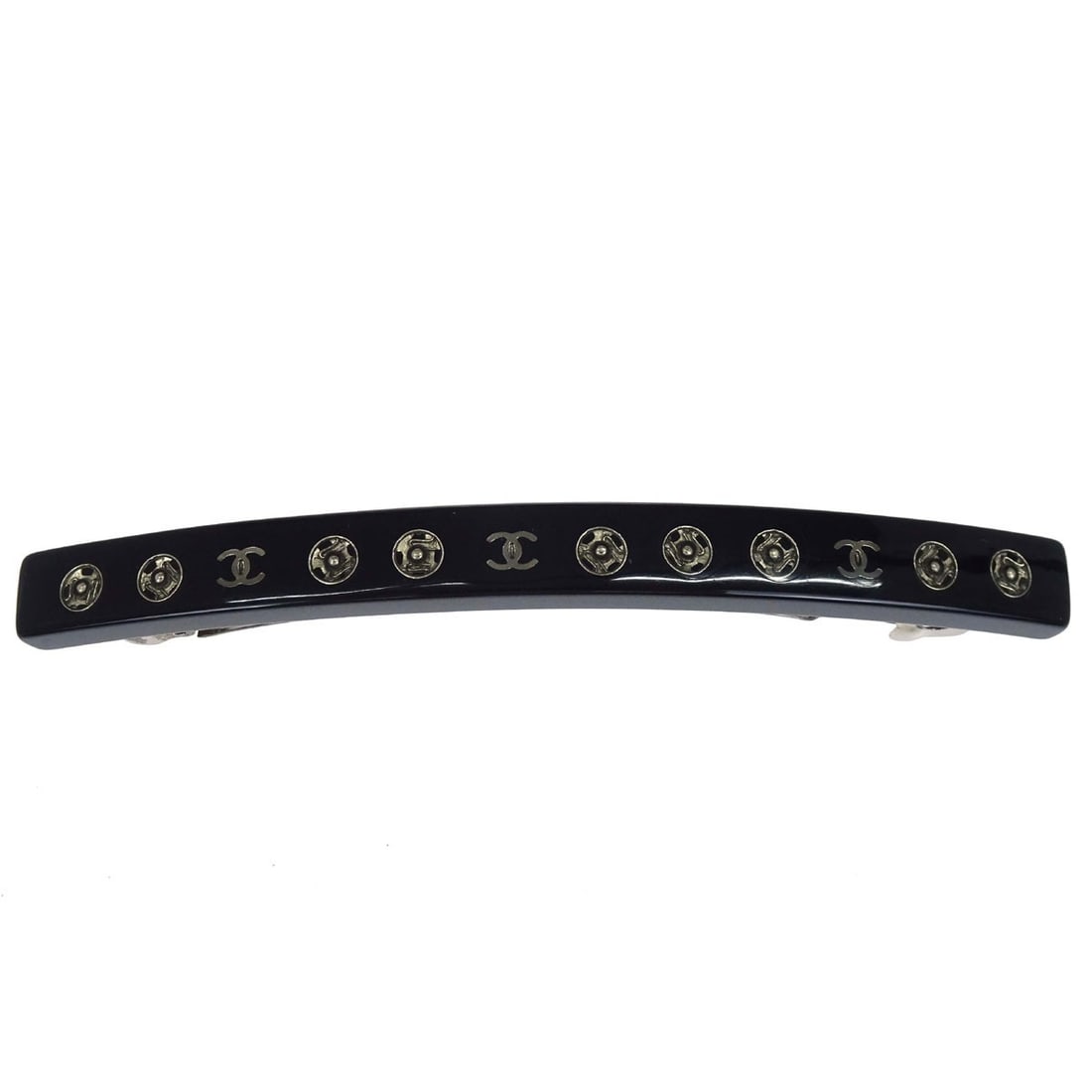 CHANEL Black Acrylic Hair Barrette Silver Plated France: CHANEL Black Acrylic Hair Barrette Silver Plated France Black Chanel barrette hair accessory for women, designed for casual wear. It is made of acrylic with silver plated details and is described as b