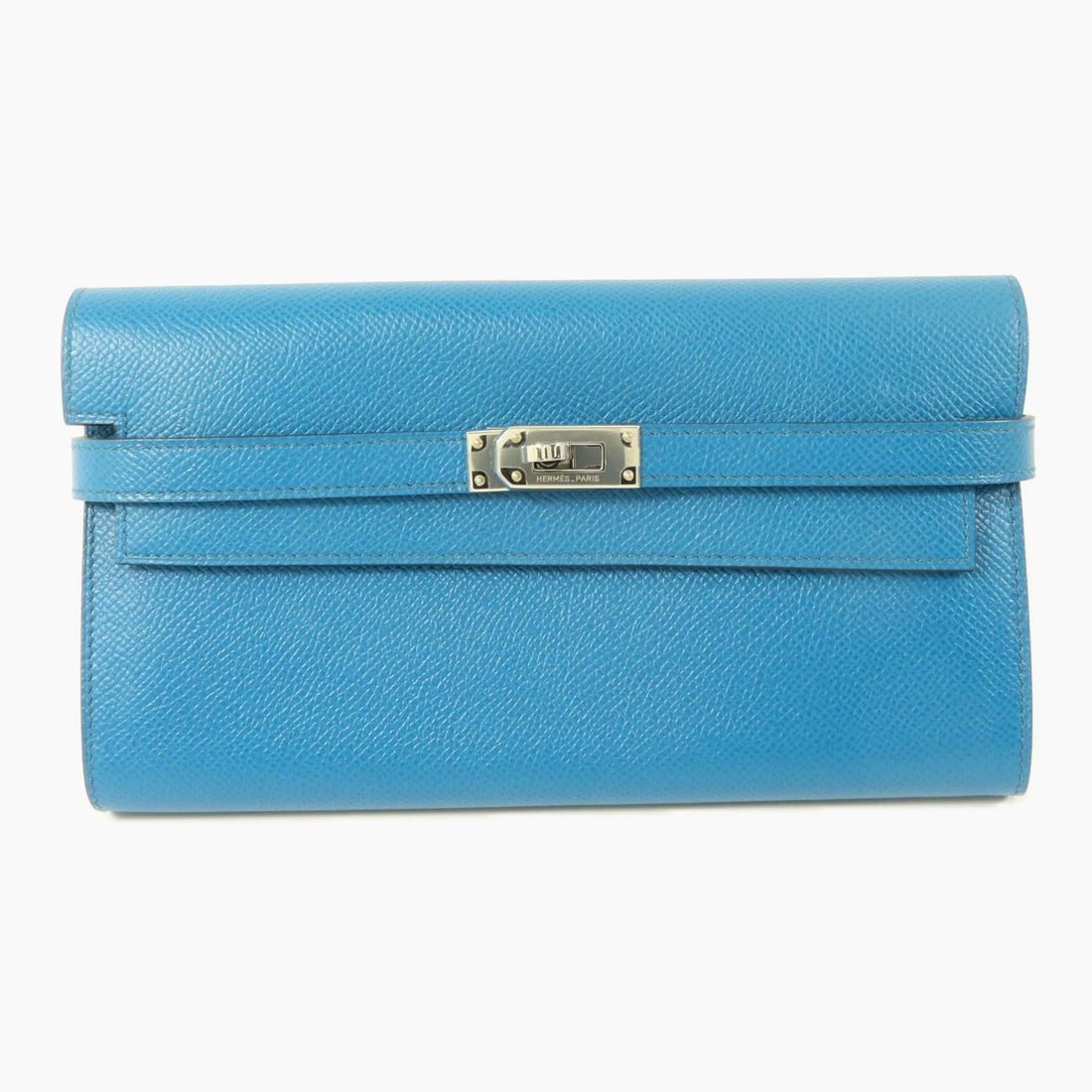 Hermes Kelly PHW Epsom Calfskin Wallet Bleu Izmir: Hermes Kelly PHW Epsom Calfskin Wallet Bleu Izmir Hermes PHW Kelly Wallet in Epsom leather and calfskin (cowhide) in Bleu Izmir. It features a wallet layout with multiple pockets and card slots, and i