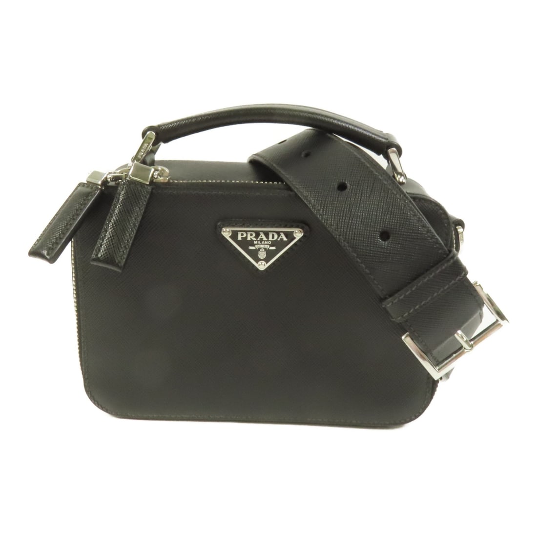 PRADA 2VH070 Saffiano Leather 2way Shoulder Bag Black SHW: PRADA 2VH070 Saffiano Leather 2way Shoulder Bag Black SHW Prada 2way shoulder bag in black Saffiano leather with silver-tone hardware. It features a fastener closure, one inside zip pocket, and comes 