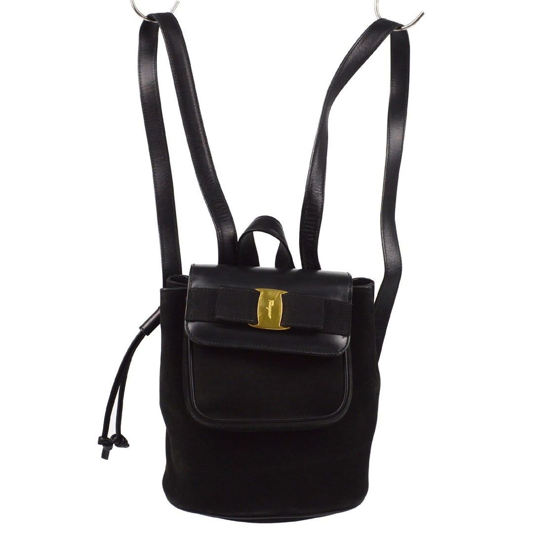 Salvatore Ferragamo Vara Bow Small Black Nubuck Leather Backpack: Salvatore Ferragamo Vara Bow Small Black Nubuck Leather Backpack Salvatore Ferragamo Vara Bow backpack in black nubuck suede and leather. This small women's backpack features logo accents, an exterior
