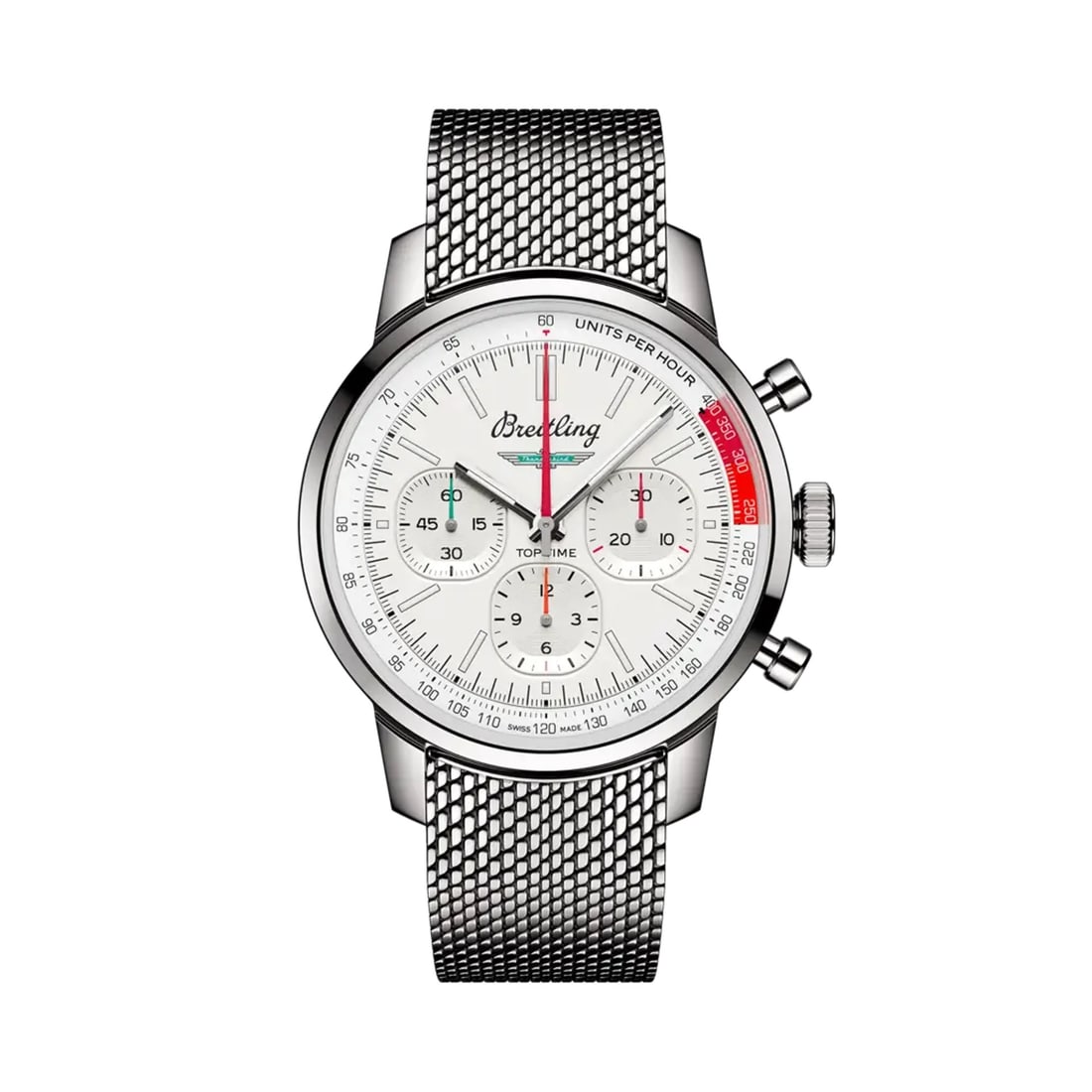 Top Time Chronograph White Dial Mesh Bracelet Ref AB0176 with Card: Top Time Chronograph White Dial Mesh Bracelet Ref AB0176 with Card This Breitling Top Time watch features a white dial, a fixed bezel, and a mesh steel bracelet. The timepiece carries the reference nu