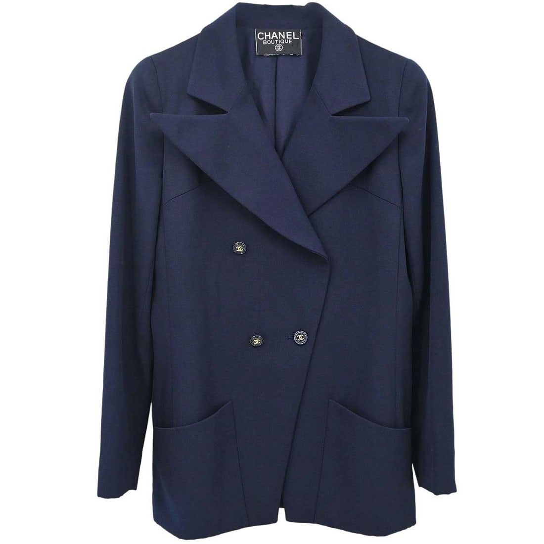 Vintage Chanel Navy Wool Mid Length Double Breasted Jacket: Vintage Chanel Navy Wool Mid Length Double Breasted Jacket Vintage Chanel double-breasted jacket in navy wool with a mid-length silhouette, long sleeves, and front button closure. This women's basic j