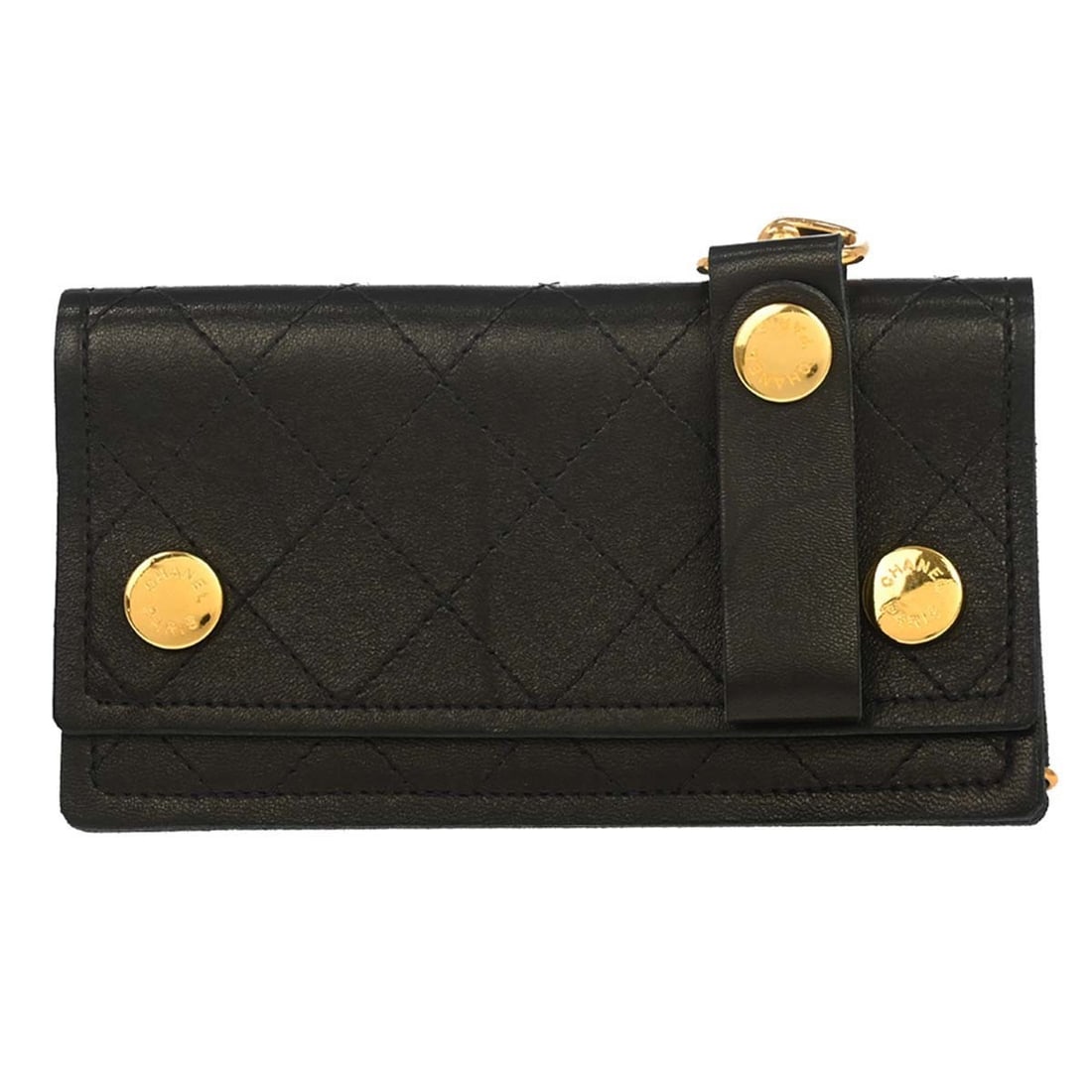 CHANEL CC Lambskin Wallet with Chain Black Women: CHANEL CC Lambskin Wallet with Chain Black Women Black Chanel chain wallet in lambskin leather with CC pattern, made in France. It is described as vintage and in very good condition, with scuffs noted