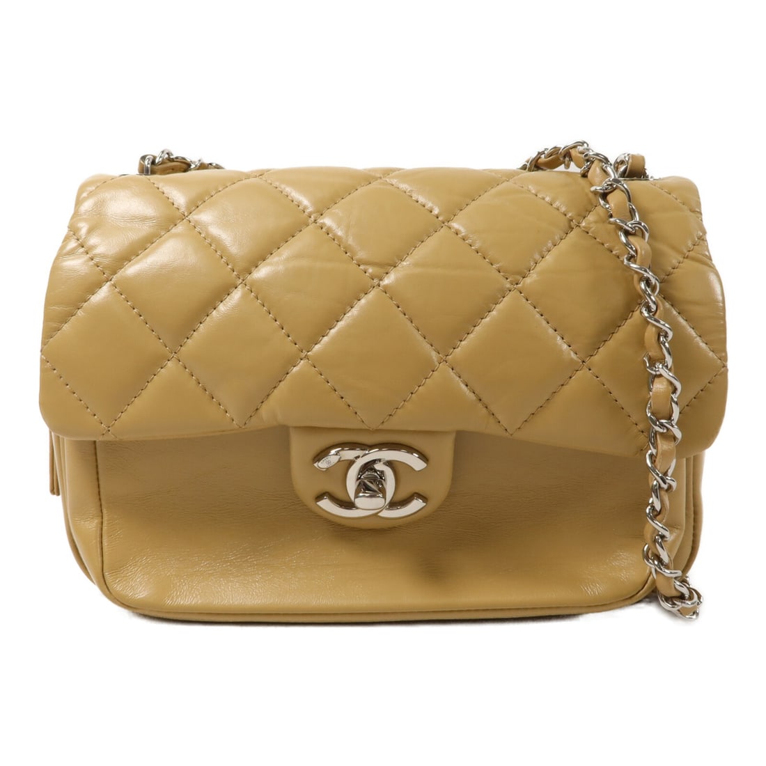 CHANEL AS1315 Beige Calfskin Chain Shoulder Flap Bag CC SHW: CHANEL AS1315 Beige Calfskin Chain Shoulder Flap Bag CC SHW A beige CHANEL CC SHW Flap Bag chain shoulder bag, model AS1315, crafted in calfskin (cowhide). It features a turn lock closure and an inter