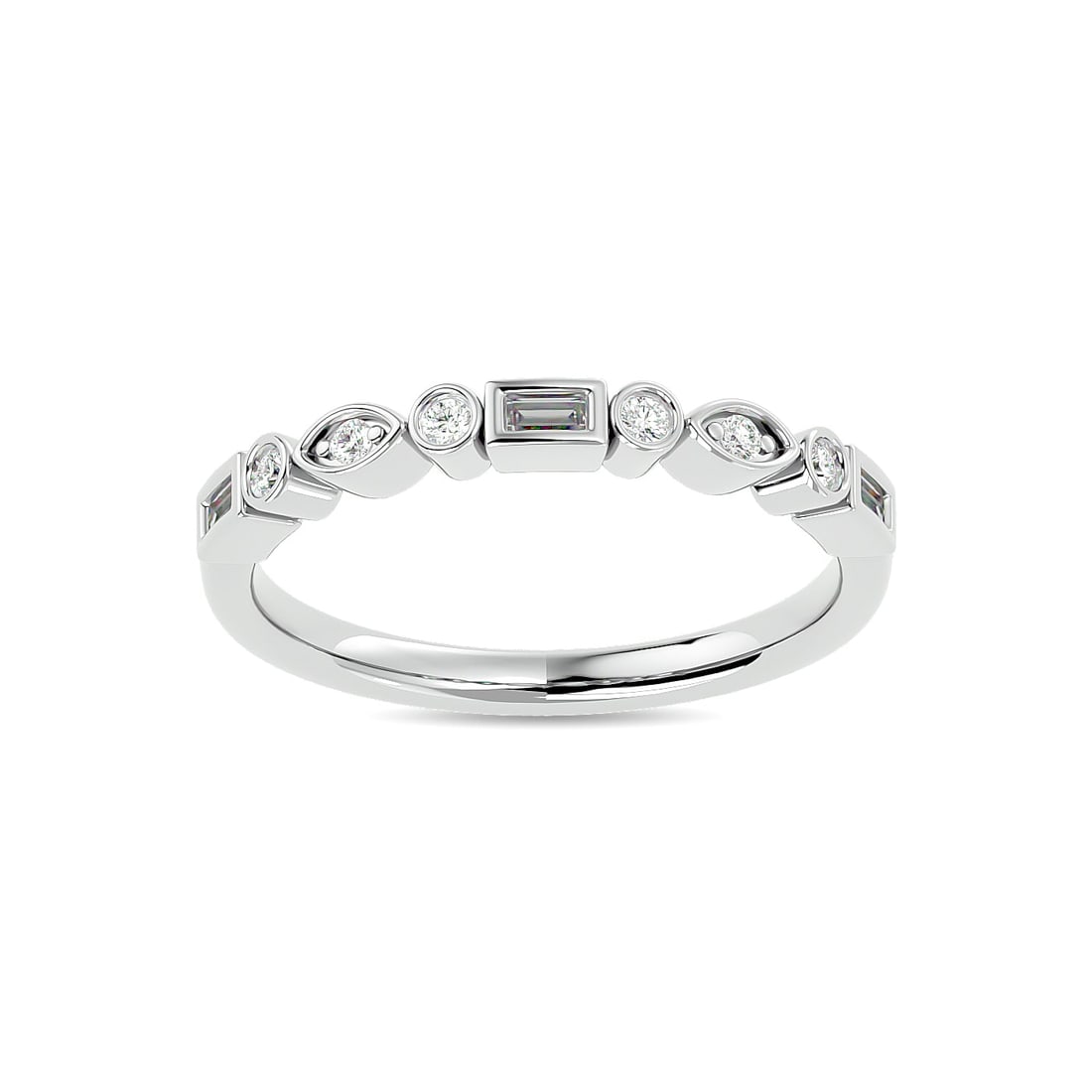 Diamond 1/5 Ct.tw Round and Straight Baguette Stackable Ring in 14K White Gold: Diamond 1/5 Ct.tw Round and Straight Baguette Stackable Ring in 14K White Gold 14k White Gold Stone Color: Gh Stone Clarity: Si2 Each ring is presented in standard size 6.5. Complimentary resizing is 