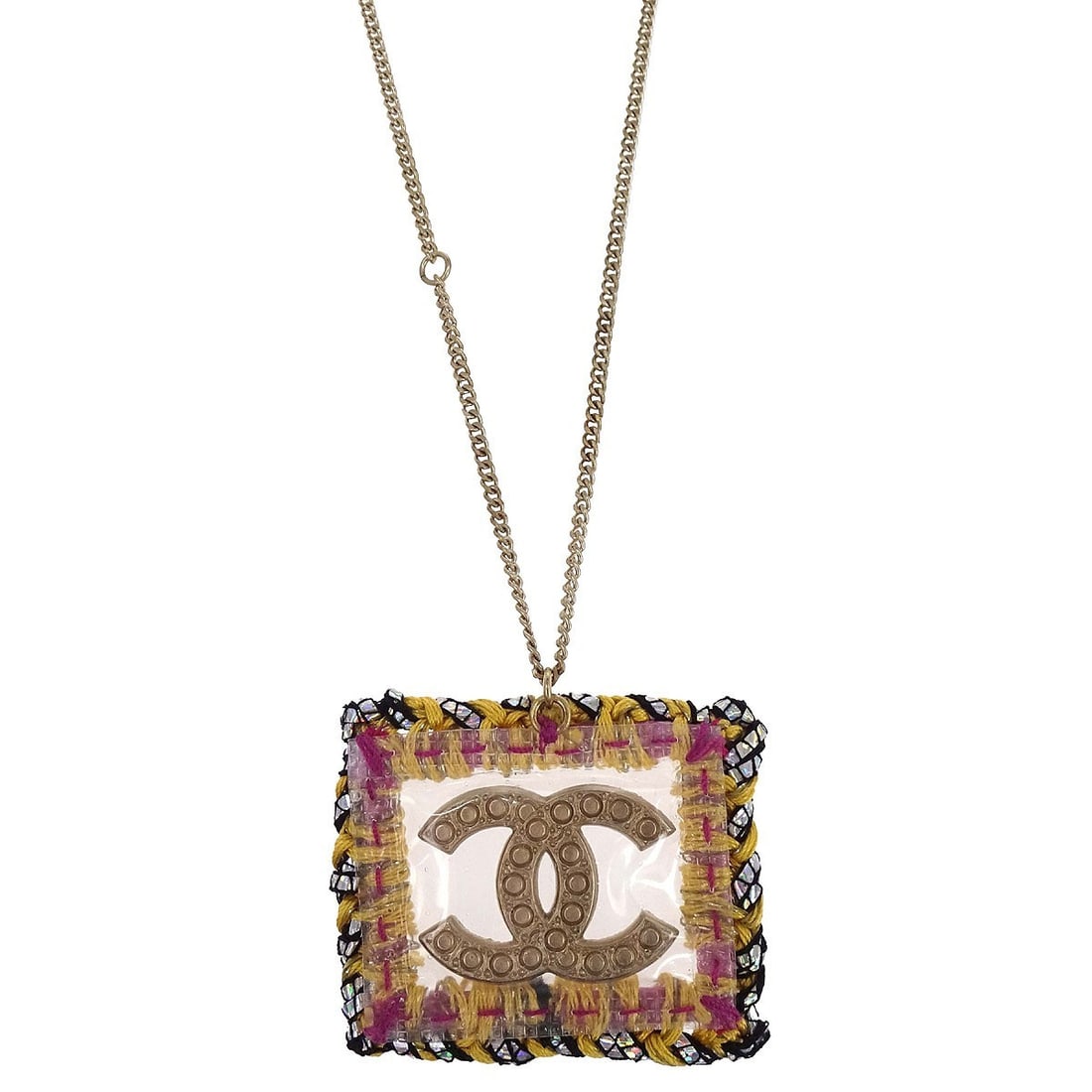 Chanel CC Rectangle Charm Chain Necklace Gold Plated Artificial Pearl: Chanel CC Rectangle Charm Chain Necklace Gold Plated Artificial Pearl A Chanel charm necklace featuring a CC rectangle pendant with an artificial pearl accent. The piece is designed in a gold chain st