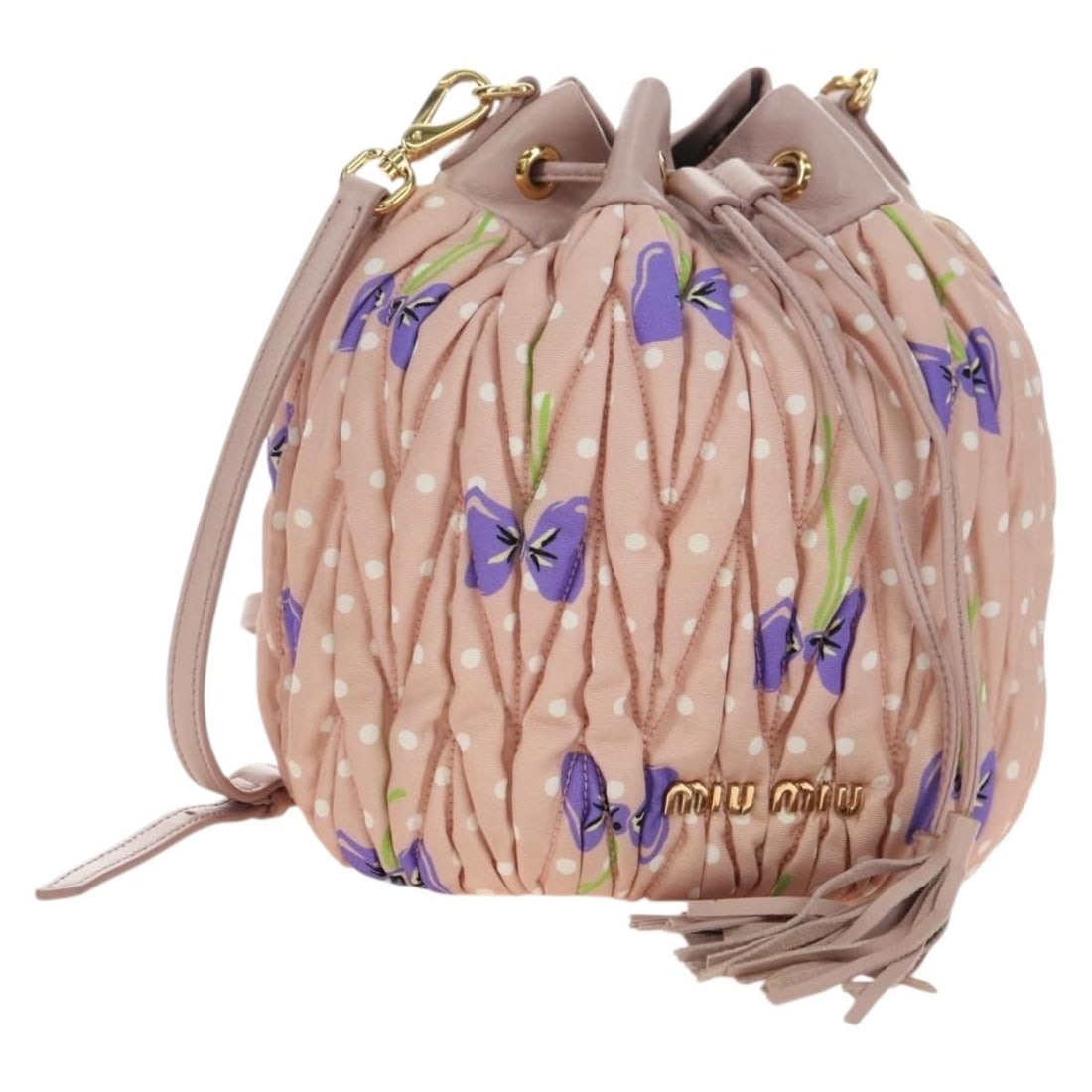 Miu Miu Pink Canvas Shoulder Bag with Leather Trim Dust Bag: Miu Miu Pink Canvas Shoulder Bag with Leather Trim Dust Bag Miu Miu shoulder bag in pink and gold, crafted from canvas and made in Italy. It features a shoulder strap with an approximate drop of 18.9-