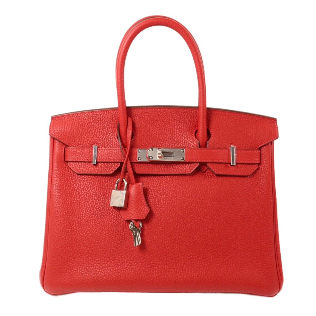 Hermes Birkin 30 Taurillon Clemence Handbag Rouge Casaque PHW: Hermes Birkin 30 Taurillon Clemence Handbag Rouge Casaque PHW A HERMES Birkin 30 handbag in Taurillon Clemence leather, presented in Rouge Casaque. It features palladium hardware, a clochette, key, an
