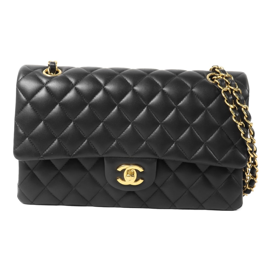 Chanel A01112 Classic 25 shoulder bag black lambskin silver tone CC: Chanel A01112 Classic 25 shoulder bag black lambskin silver tone CC Classic CHANEL CC SHW Chain Shoulder Bag in black lambskin leather, model A01112. This bag features a turn-lock closure, multiple op