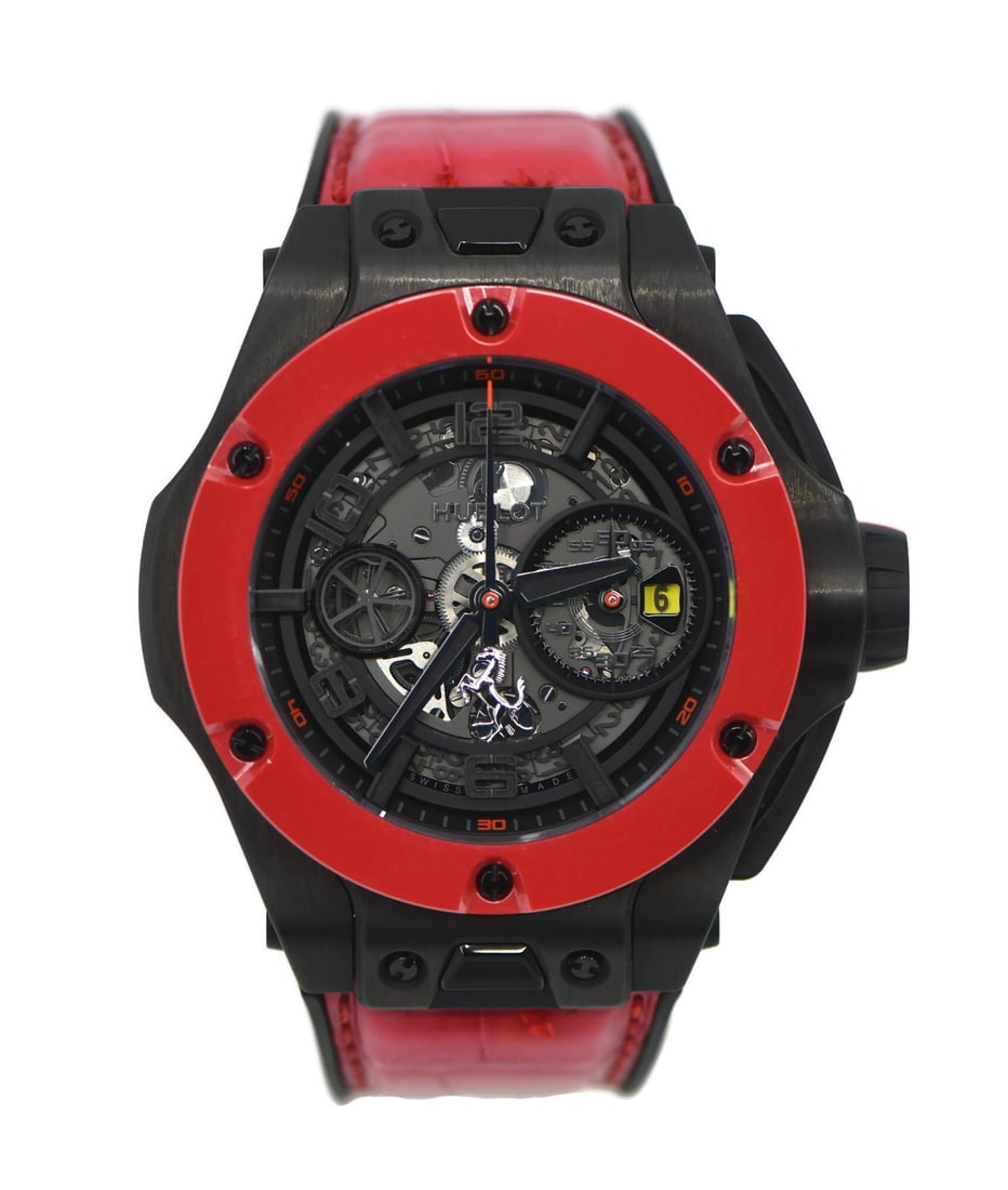 Hublot Big Bang Unico Ferrari Carbon 45mm Automatic Watch: Hublot Big Bang Unico Ferrari Carbon 45mm Automatic Watch Introducing the Hublot Big Bang Unico Ferrari Carbon Watch, a stunning blend of luxury and performance. This wristwatch features a robust 45 m