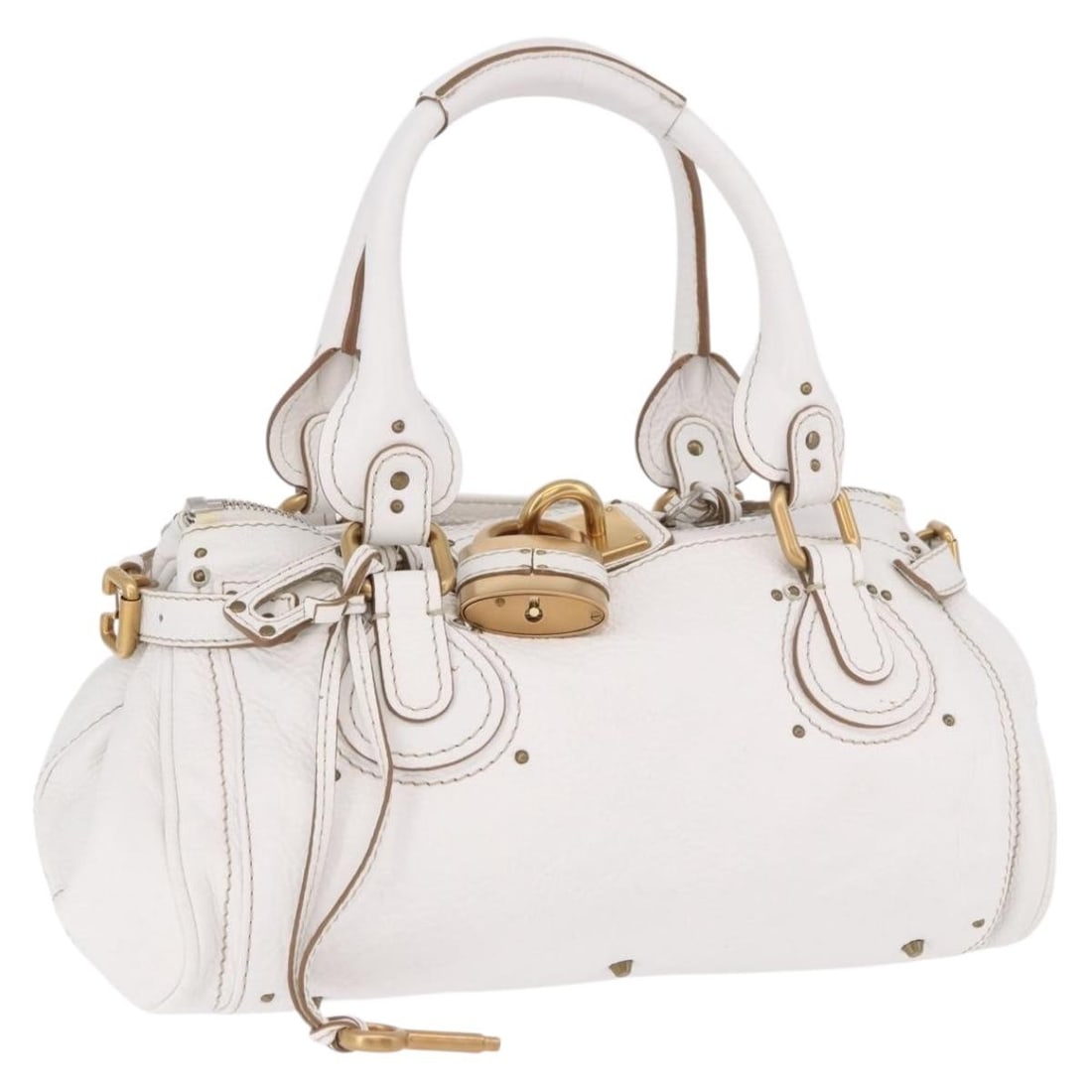Chloe Paddington Leather Handbag White with Gold Silver Tone: Chloe Paddington Leather Handbag White with Gold Silver Tone Chloe Paddington handbag in white leather with gold- and silver-tone accents. Made in Italy, this women's handbag shows reasonable wear and
