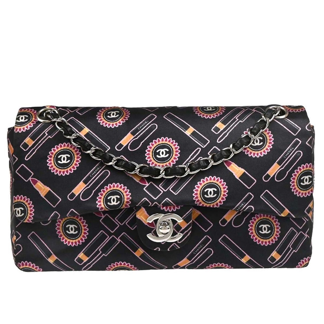 CHANEL Classic Single Flap Shoulder Bag Black Satin Lipstick: CHANEL Classic Single Flap Shoulder Bag Black Satin Lipstick Chanel Classic Single Flap shoulder bag in black satin with a turn-lock closure and black shoulder strap. The bag features a lambskin linin