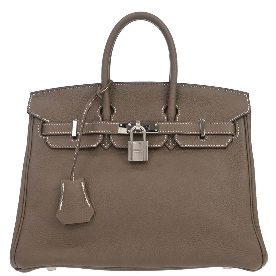 Hermes Birkin 25 Togo Leather Top Handle Bag Etoupe Gray: Hermes Birkin 25 Togo Leather Top Handle Bag Etoupe Gray Hermes Birkin 25 handbag in Etoupe Gray Togo leather with double handles and a flap turnlock closure. This top handle bag is made in France and