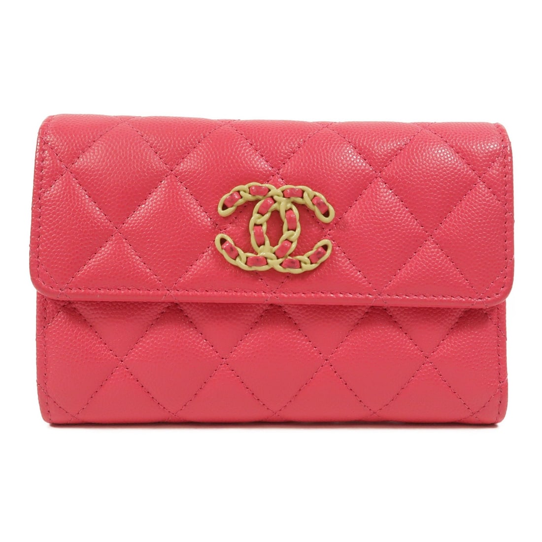 CHANEL C19 Tri Fold Long Wallet Pink Calfskin CC SHW: CHANEL C19 Tri Fold Long Wallet Pink Calfskin CC SHW A CHANEL tri-fold long wallet in pink calfskin (cowhide) leather, designed for women and made in France. It features a hook button closure, multipl