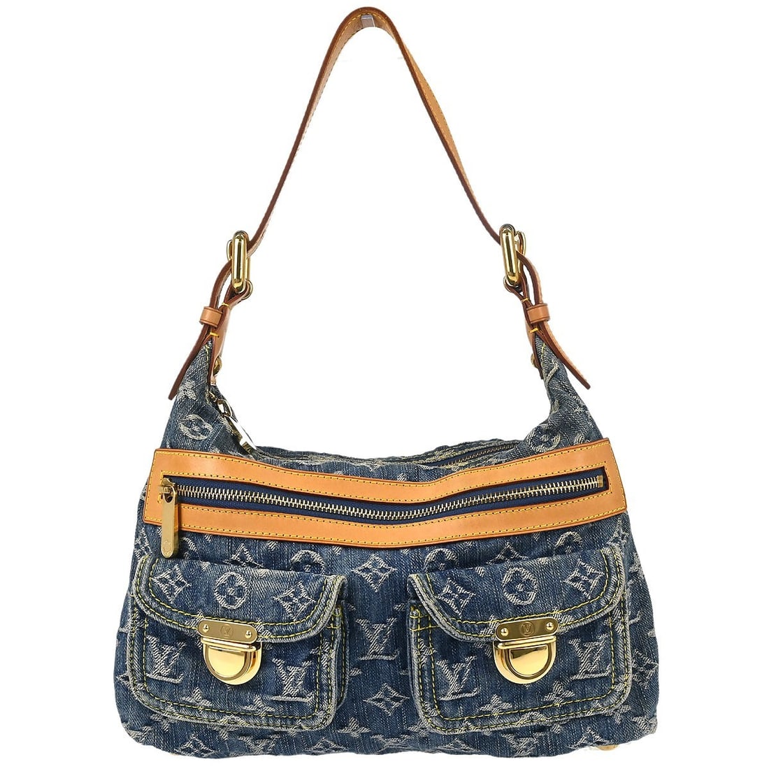 Louis Vuitton Baggy PM Blue Monogram Denim Shoulder Bag M95049: Louis Vuitton Baggy PM Blue Monogram Denim Shoulder Bag M95049 Vintage Louis Vuitton Baggy PM shoulder bag in blue Monogram denim with leather trim and a zip closure. This women's medium bag features 