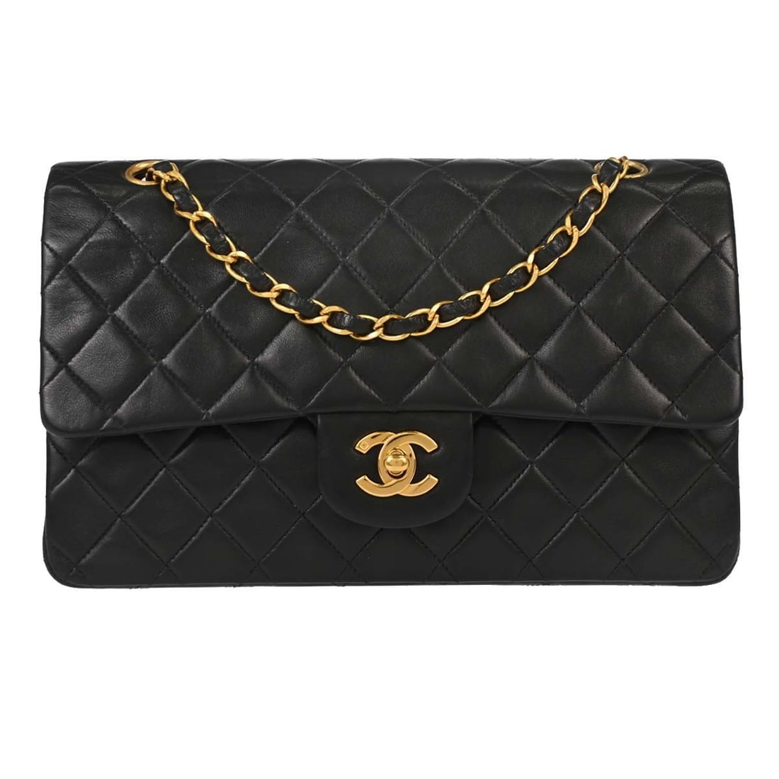 Medium Shoulder Bag CHANEL Classic Double Flap Black Lambskin: Medium Shoulder Bag CHANEL Classic Double Flap Black Lambskin Chanel Medium Classic Double Flap shoulder bag in black lambskin leather with a turn-lock closure and shoulder strap. This women's bag is 