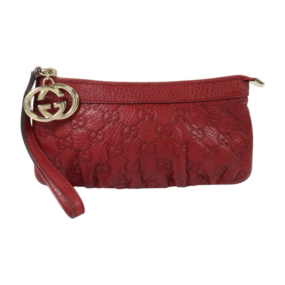 Gucci 212203 GG calfskin wristlet pouch clutch red: Gucci 212203 GG calfskin wristlet pouch clutch red A Gucci GG wristlet clutch bag pouch in red calfskin leather with gold hardware. It features a wrist strap and a fastener closure. The item is in rea
