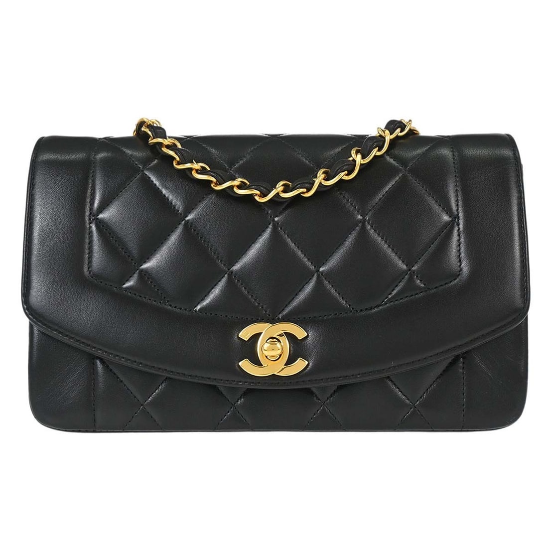 CHANEL Diana Small Shoulder Bag in Black Lambskin: CHANEL Diana Small Shoulder Bag in Black Lambskin Chanel Small Diana shoulder bag in black lambskin with a matelasse quilted exterior and flap turnlock closure. This women's bag features a single chai