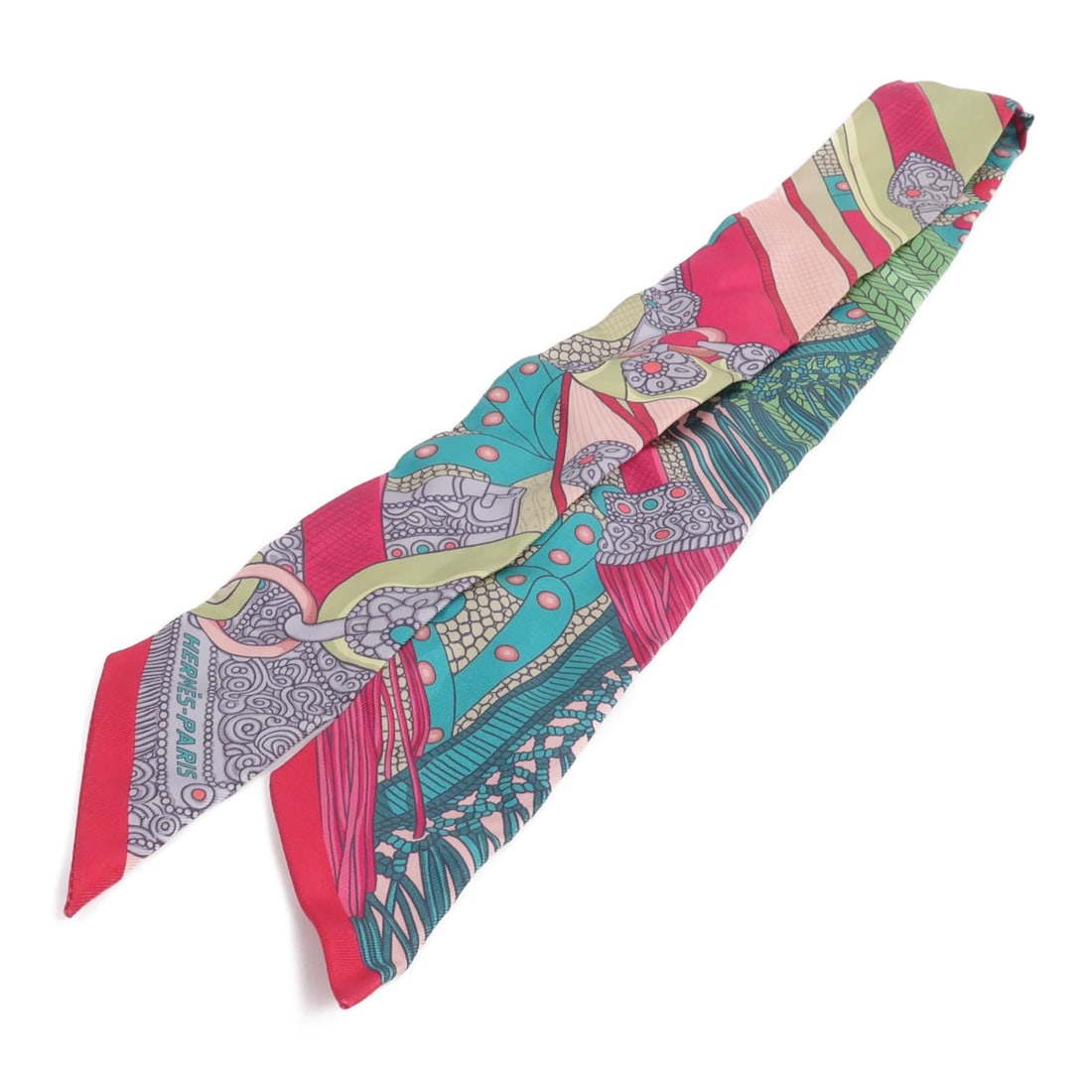 HERMES Twilly Silk Scarf Green Pink with Box: HERMES Twilly Silk Scarf Green Pink with Box Hermes Twilly scarf in silk with a green and pink multi-color design. It is a women's regular-size scarf made in France and comes with a storage box. Condi