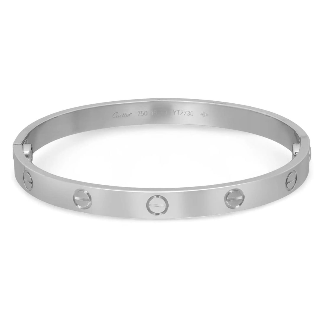Cartier Love Bracelet 18K White Gold Classic Bangle Size 18 with Papers: Cartier Love Bracelet 18K White Gold Classic Bangle Size 18 with Papers The Cartier Love Bracelet is a timeless piece crafted from 18K white gold, exuding luxury and elegance. This classic bangle styl