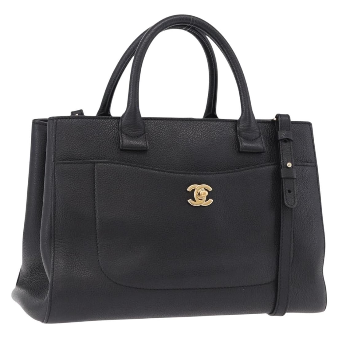 Chanel Neo Executive 2way Tote in Black Caviar Skin with Strap: Chanel Neo Executive 2way Tote in Black Caviar Skin with Strap A CHANEL Neo Executive tote bag in black and gold, crafted from caviar skin. This 2-way handbag comes with a shoulder strap and was made 