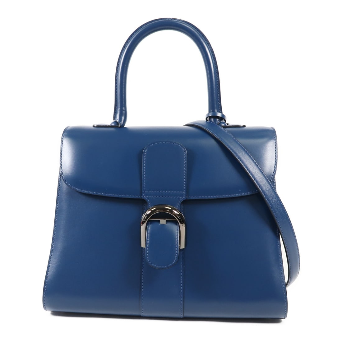 Delvaux Brillant MM Blue Calfskin 2 Way Handbag with Strap Mirror: Delvaux Brillant MM Blue Calfskin 2 Way Handbag with Strap Mirror A Delvaux Brillant MM 2 Way Bag in blue calfskin leather, designed for hand carry or shoulder wear. It features belt hardware, an insi