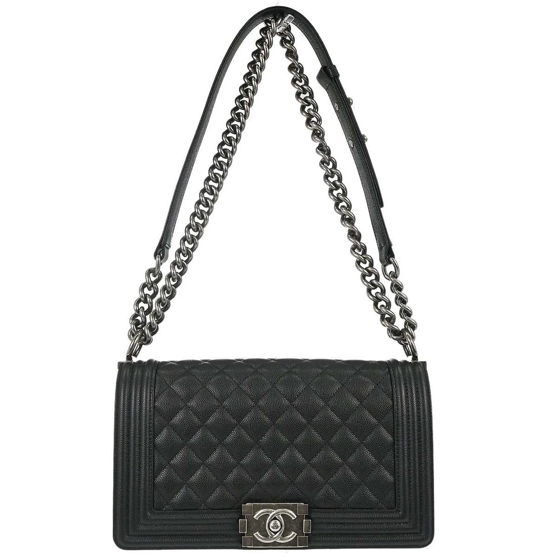 CHANEL Boy Medium Shoulder Bag Black Caviar Leather Chain Strap: CHANEL Boy Medium Shoulder Bag Black Caviar Leather Chain Strap Medium Boy Chanel shoulder bag in black caviar skin leather with a push-lock closure, quilted accents, and silver-tone hardware. Designe