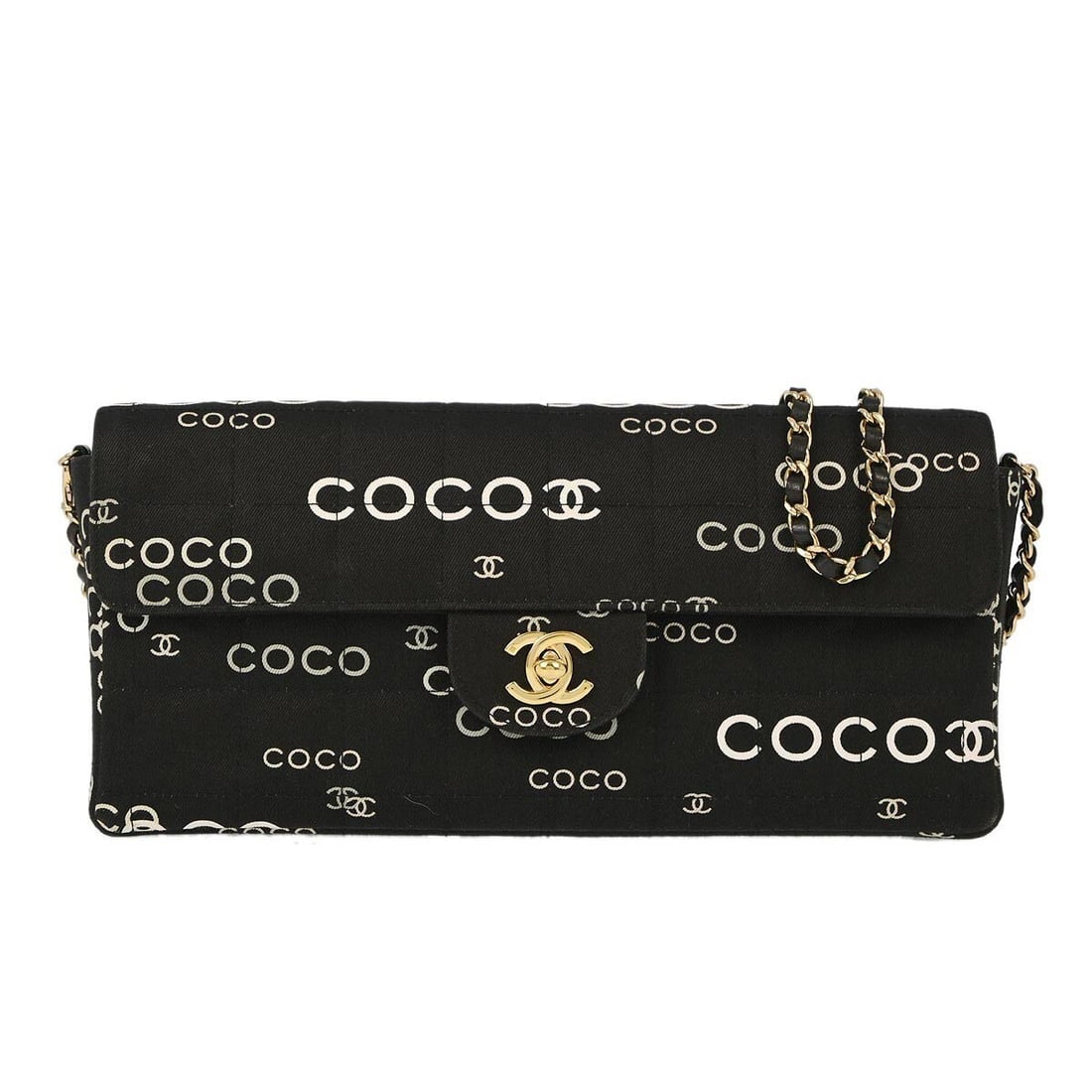 CHANEL Chocolate Bar Single Chain Shoulder Bag Black Canvas: CHANEL Chocolate Bar Single Chain Shoulder Bag Black Canvas Chanel COCO East West Choco Bar shoulder bag in black canvas with lambskin lining. This women's medium shoulder bag features a flap turnlock