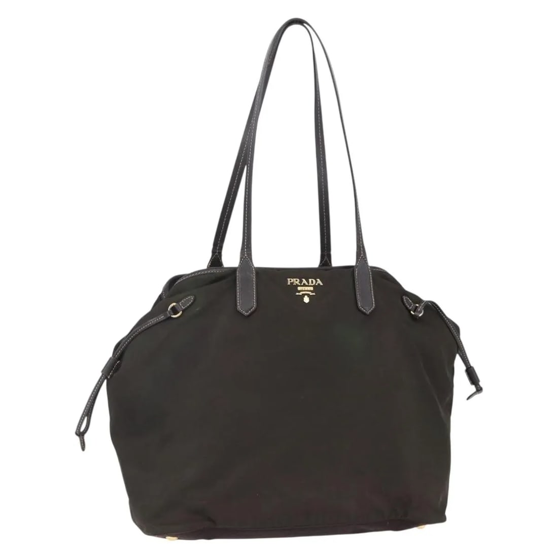 Nylon Tote Bag Prada Khaki 35x33x17cm Female: Nylon Tote Bag Prada Khaki 35x33x17cm Female This pre-owned Prada Open Tote for women features a khaki nylon exterior with a spacious design. It shows signs of wear including rubbing, stains, slight s
