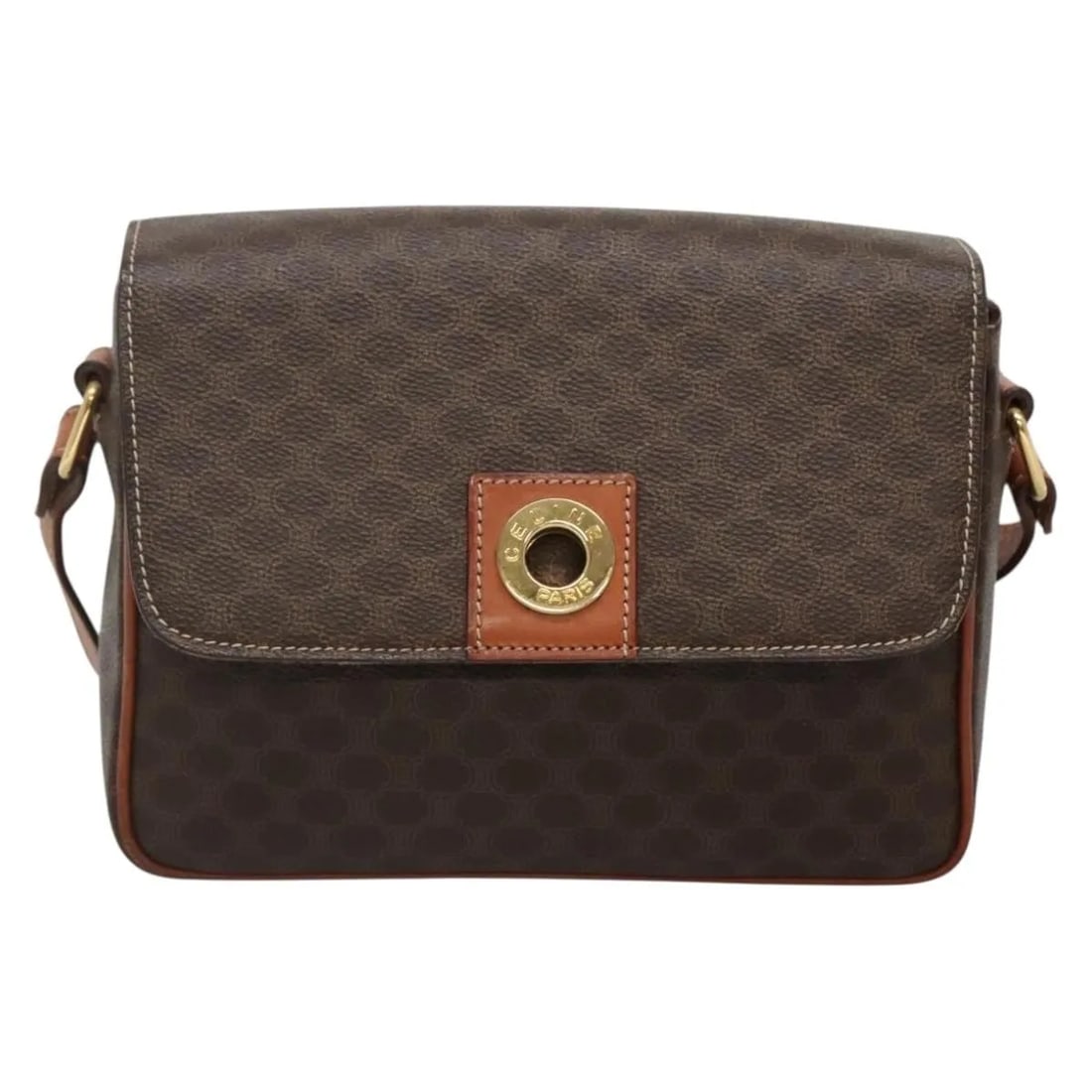 Celine Vintage Macadam Brown Canvas Leather Shoulder Bag: Celine Vintage Macadam Brown Canvas Leather Shoulder Bag This Celine Vintage Macadam shoulder bag features a classic brown canvas exterior with leather accents. The bag has a structured silhouette and