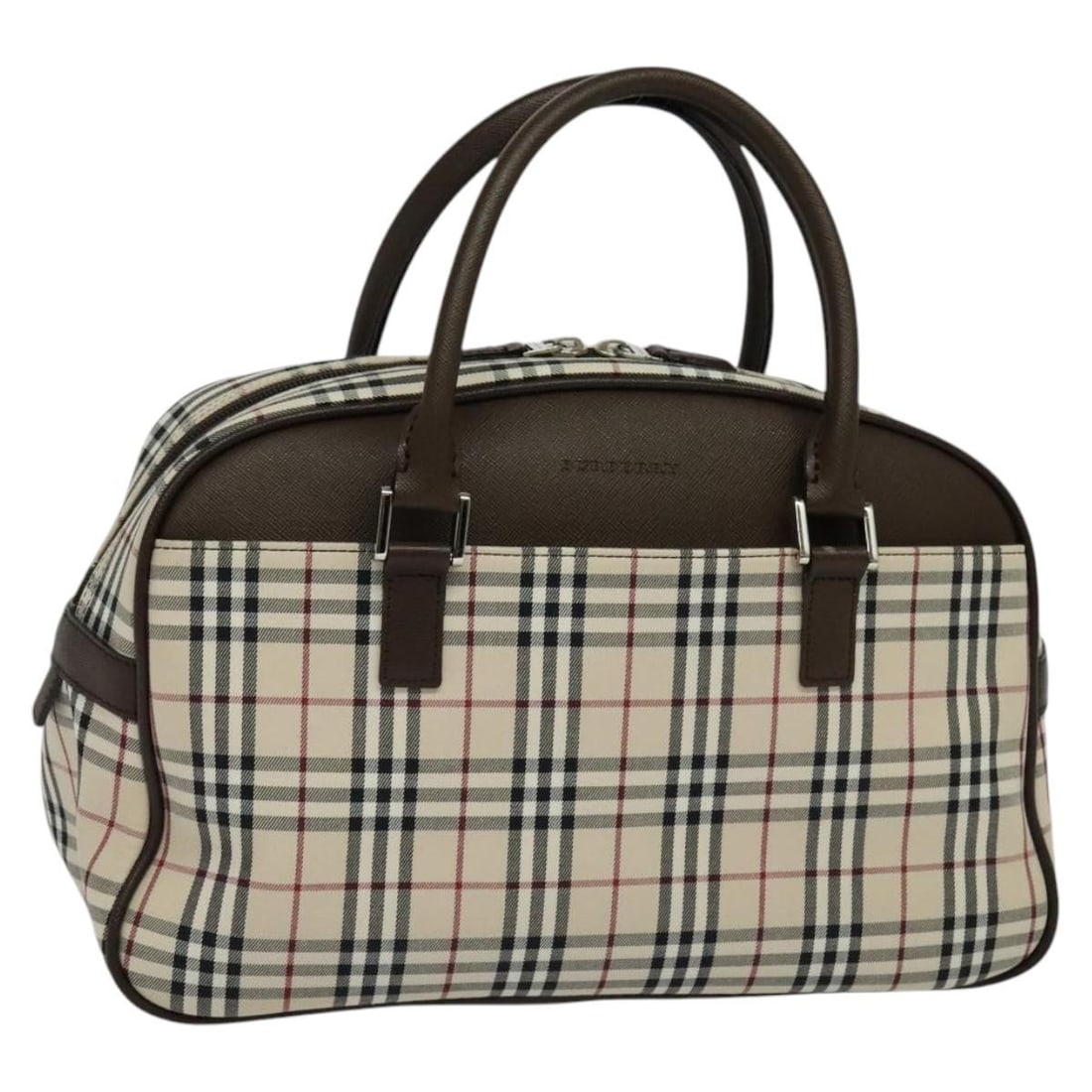 Beige Canvas Nova Check Handbag by Burberry with Silver Accents: Beige Canvas Nova Check Handbag by Burberry with Silver Accents This Burberry Nova Check hand bag features a classic beige and silver canvas exterior. Designed for women, it offers an elegant and prac