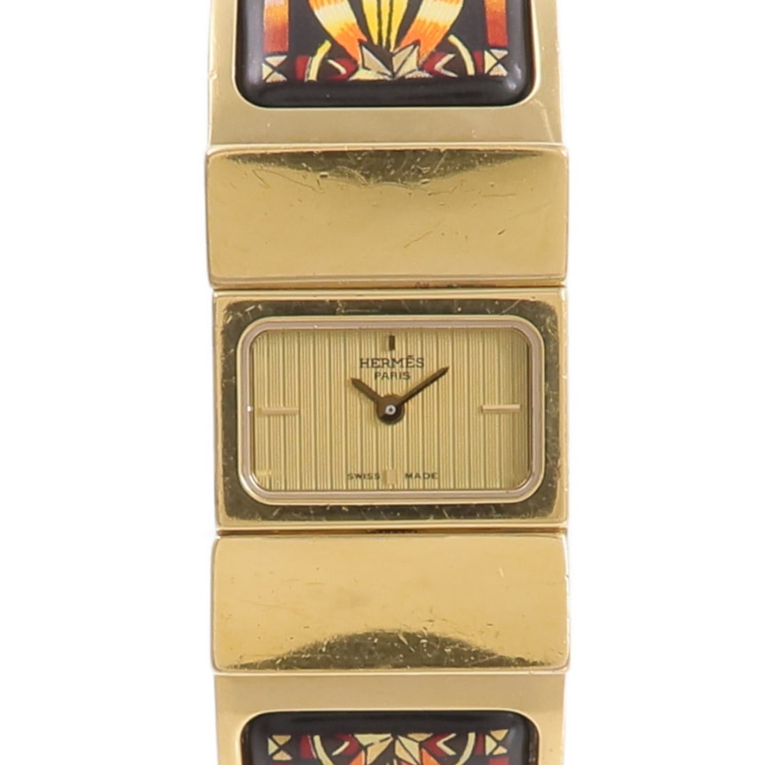 Hermes L01.201 Loquet ladies quartz wristwatch gold plated black: Hermes L01.201 Loquet ladies quartz wristwatch gold plated black Hermes Loquet Black L01.201 quartz watch with a gold plated finish. It is a ladies' model with a gold color case and quartz movement. C