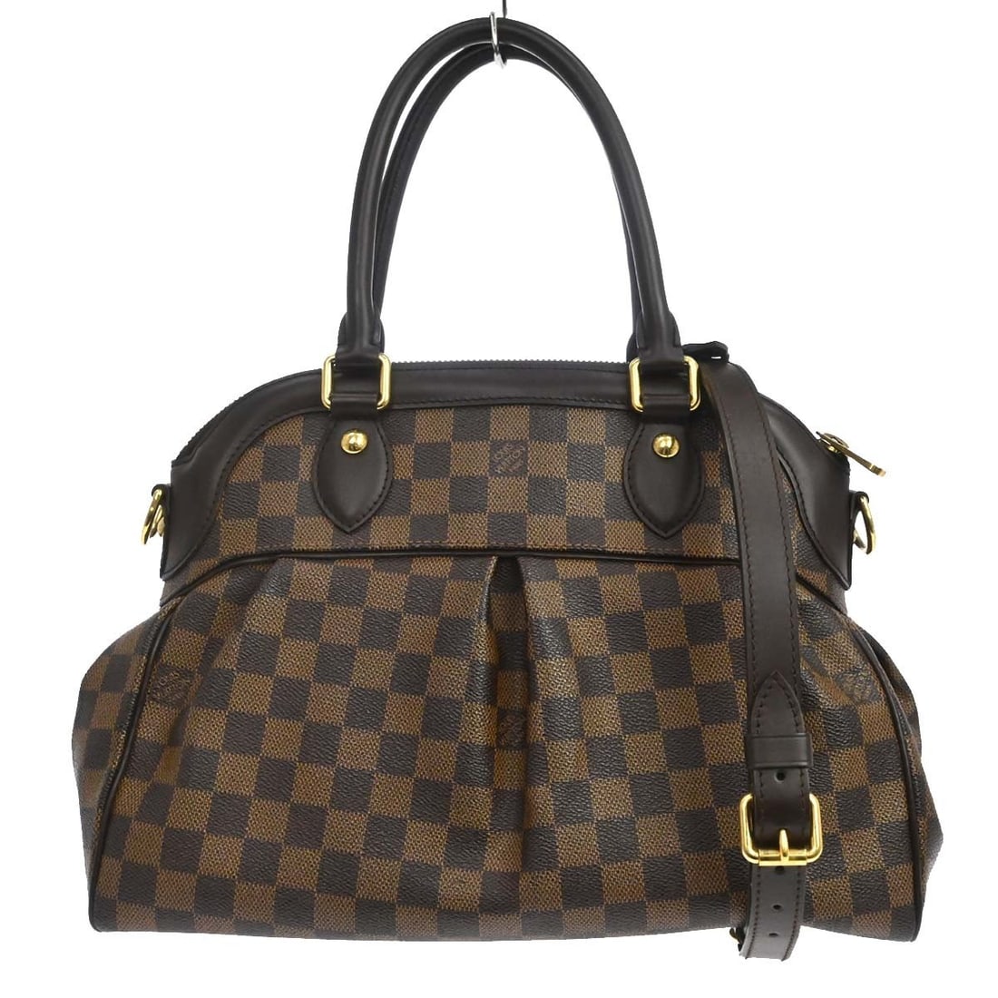 Louis Vuitton Trevi PM Damier Canvas 2way Hand Bag N51997: Louis Vuitton Trevi PM Damier Canvas 2way Hand Bag N51997 Louis Vuitton Trevi PM 2-way handbag in Damier canvas with leather trim and double handles. This medium handbag features a zip closure, red Al