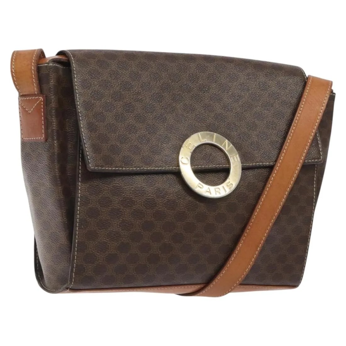 Celine Macadam Circle Logo Vintage Shoulder Bag Canvas Leather Brown: Celine Macadam Circle Logo Vintage Shoulder Bag Canvas Leather Brown This Celine vintage Macadam Circle Logo shoulder bag features a brown canvas exterior accented with leather trim. Designed for wome