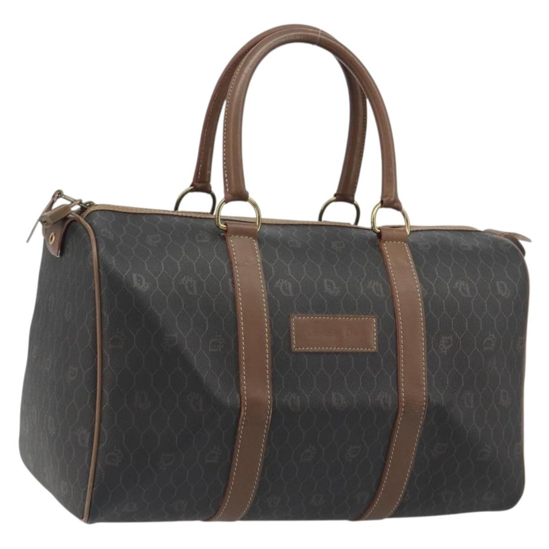Christian Dior Honeycomb Boston Bag Brown PVC Leather Padlock France: Christian Dior Honeycomb Boston Bag Brown PVC Leather Padlock France Christian Dior Boston bag in brown and gold tone, made from PVC leather and honeycomb canvas. It features a structured silhouette w