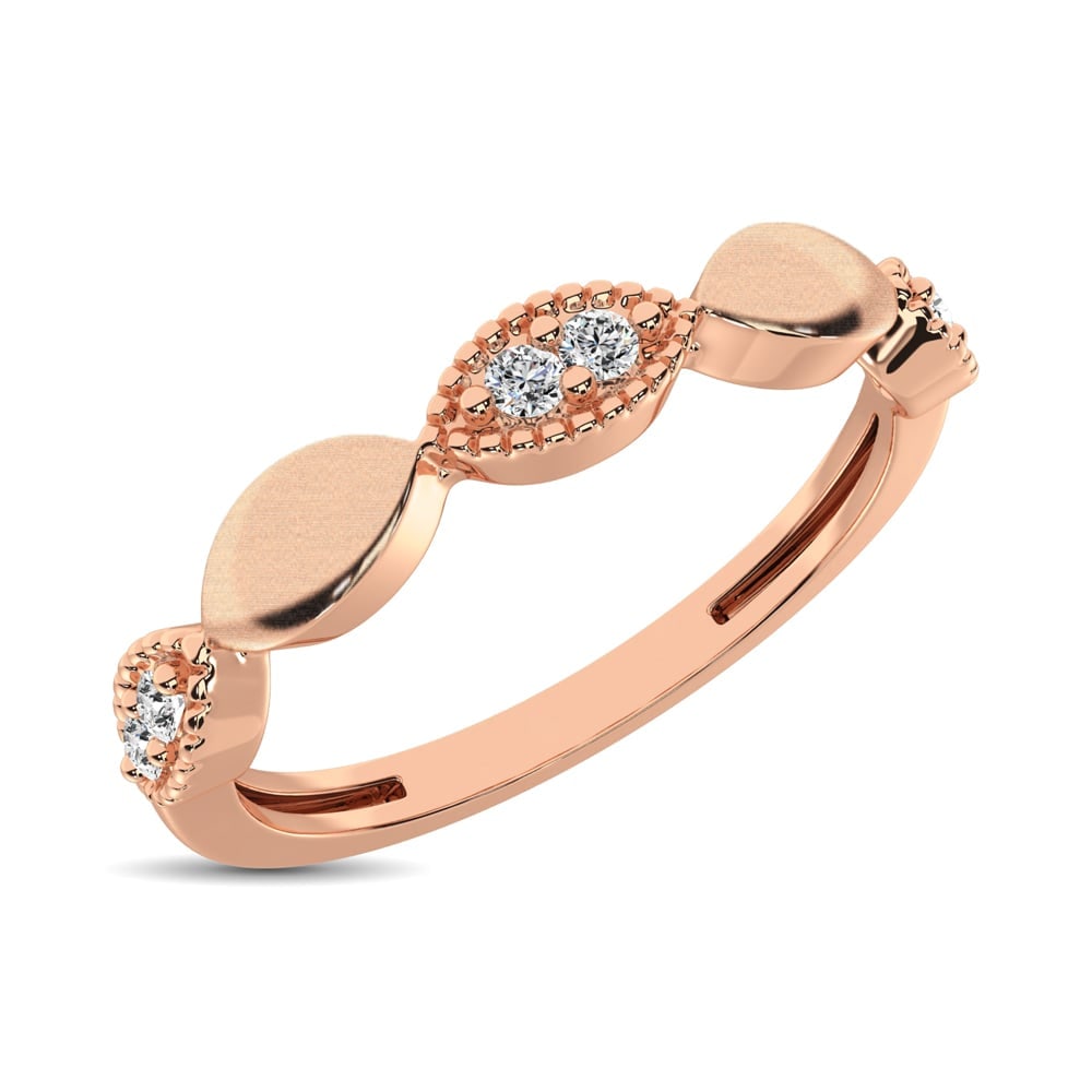 14K Rose Gold 1/10 Ct.Tw. Diamond Marquise Shape Stackable Band: 14K Rose Gold 1/10 Ct.Tw. Diamond Marquise Shape Stackable Band This eye-catching ring is available in 14K Rose Gold. There are 6 round diamonds with a total carat weight of 1/10 Ct.Tw. set in a Share
