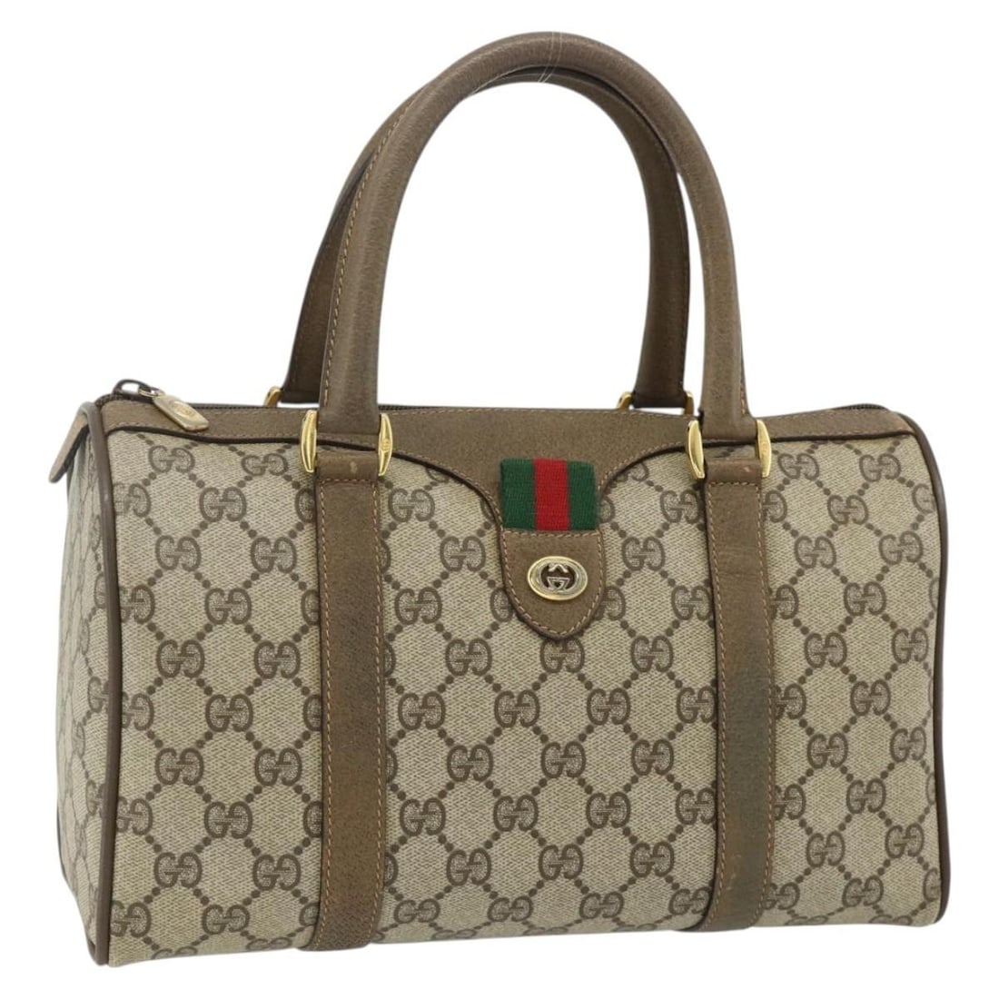 Gucci Sherry Line GG Supreme PVC Boston Bag Beige Gold: Gucci Sherry Line GG Supreme PVC Boston Bag Beige Gold Gucci GG Supreme Web Sherry Line Boston bag in beige and gold PVC leather with GG canvas. Made in Italy, this women's handbag is offered without 